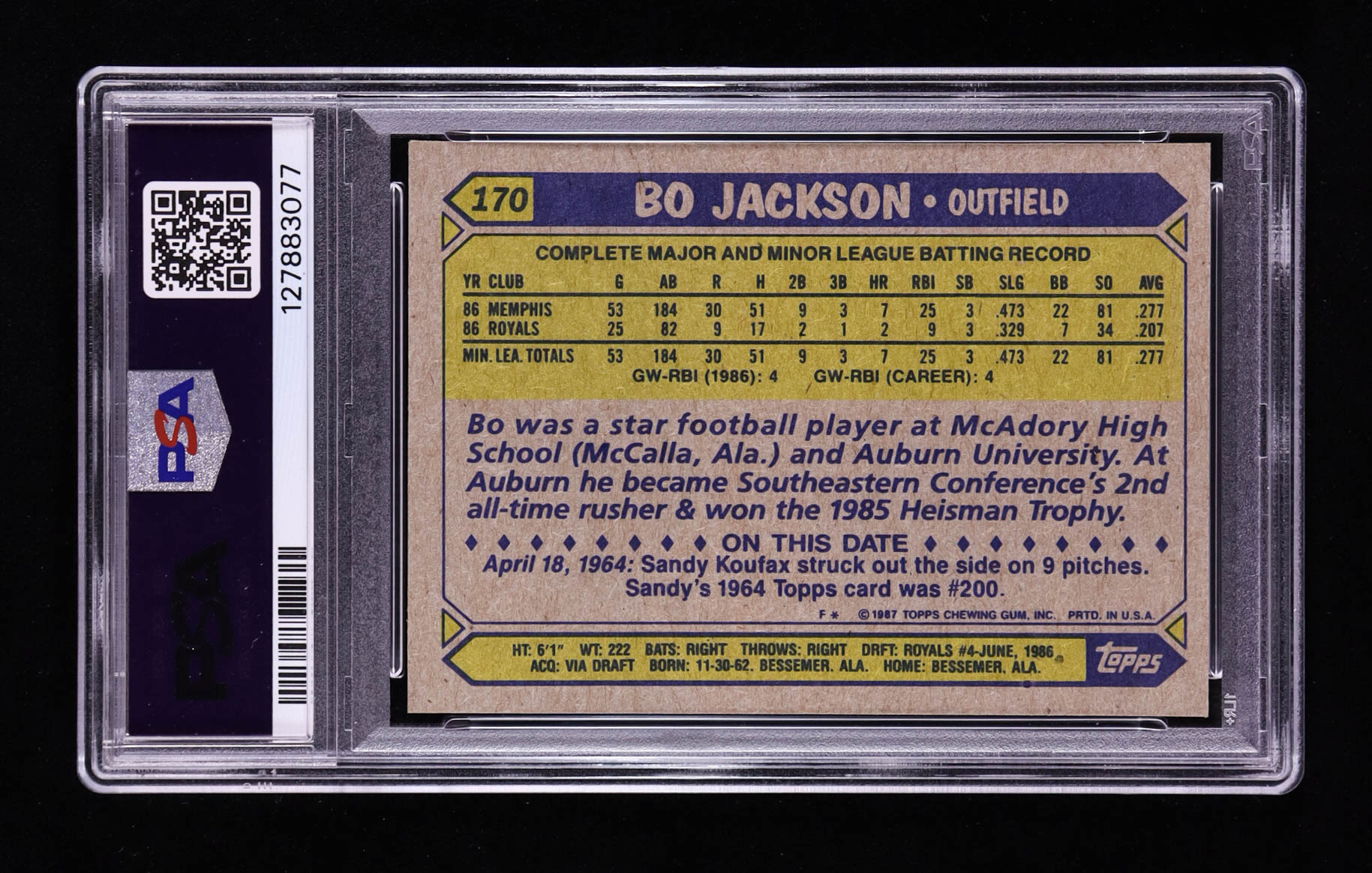 Bo Jackson 1987 Topps #170 RC (PSA 9) at PristineAuction.com Bo Jackson 1987 Topps #170 RC (PSA 9) at PristineAuction.com