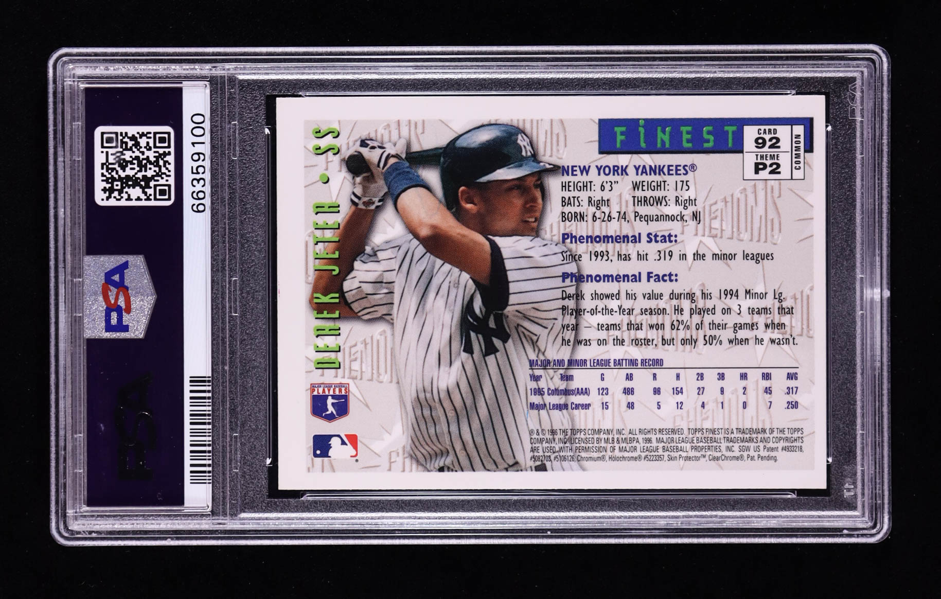 Derek Jeter 1996 Finest #92 RC with Coating (PSA 9) at PristineAuction.com Derek Jeter 1996 Finest #92 RC with Coating (PSA 9) at PristineAuction.com