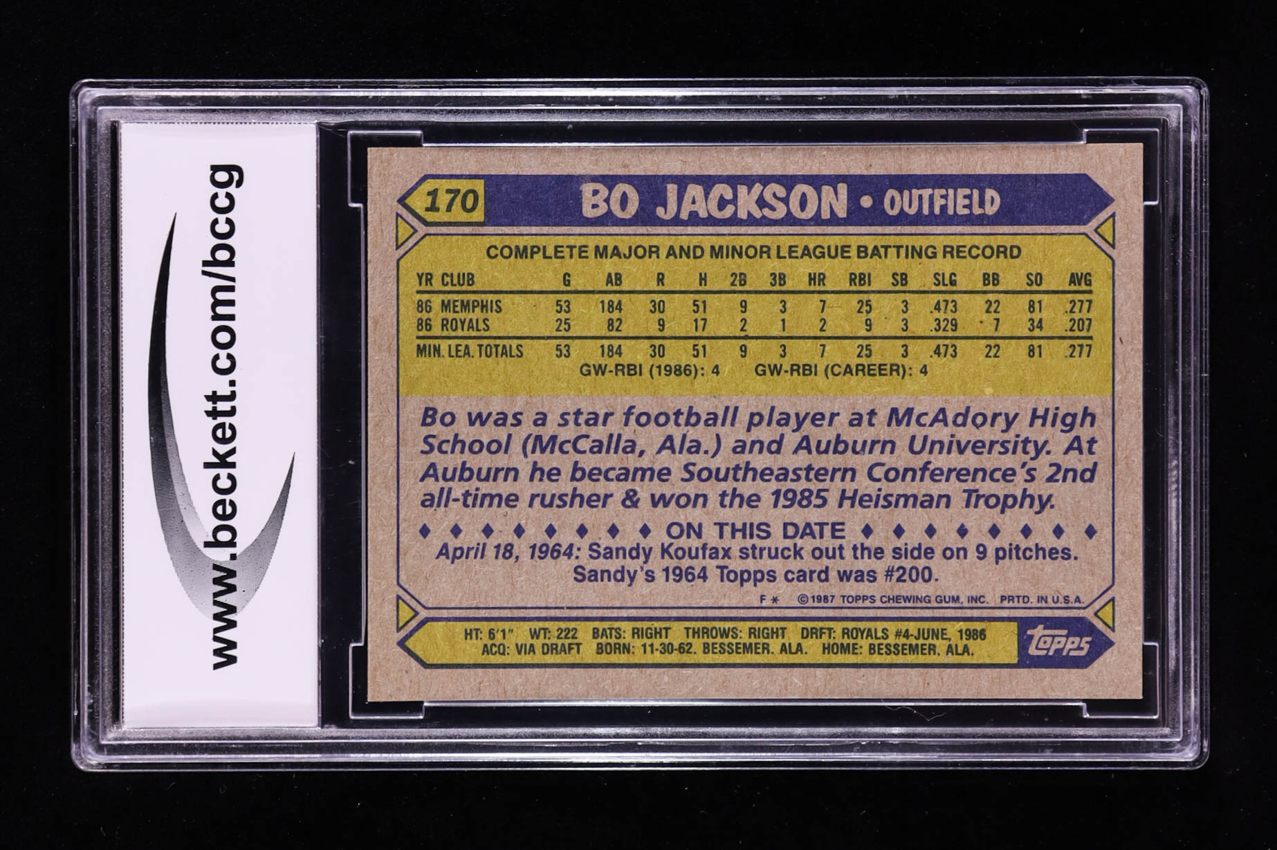 Bo Jackson 1987 Topps #170 RC (BCCG 10) at PristineAuction.com Bo Jackson 1987 Topps #170 RC (BCCG 10) at PristineAuction.com