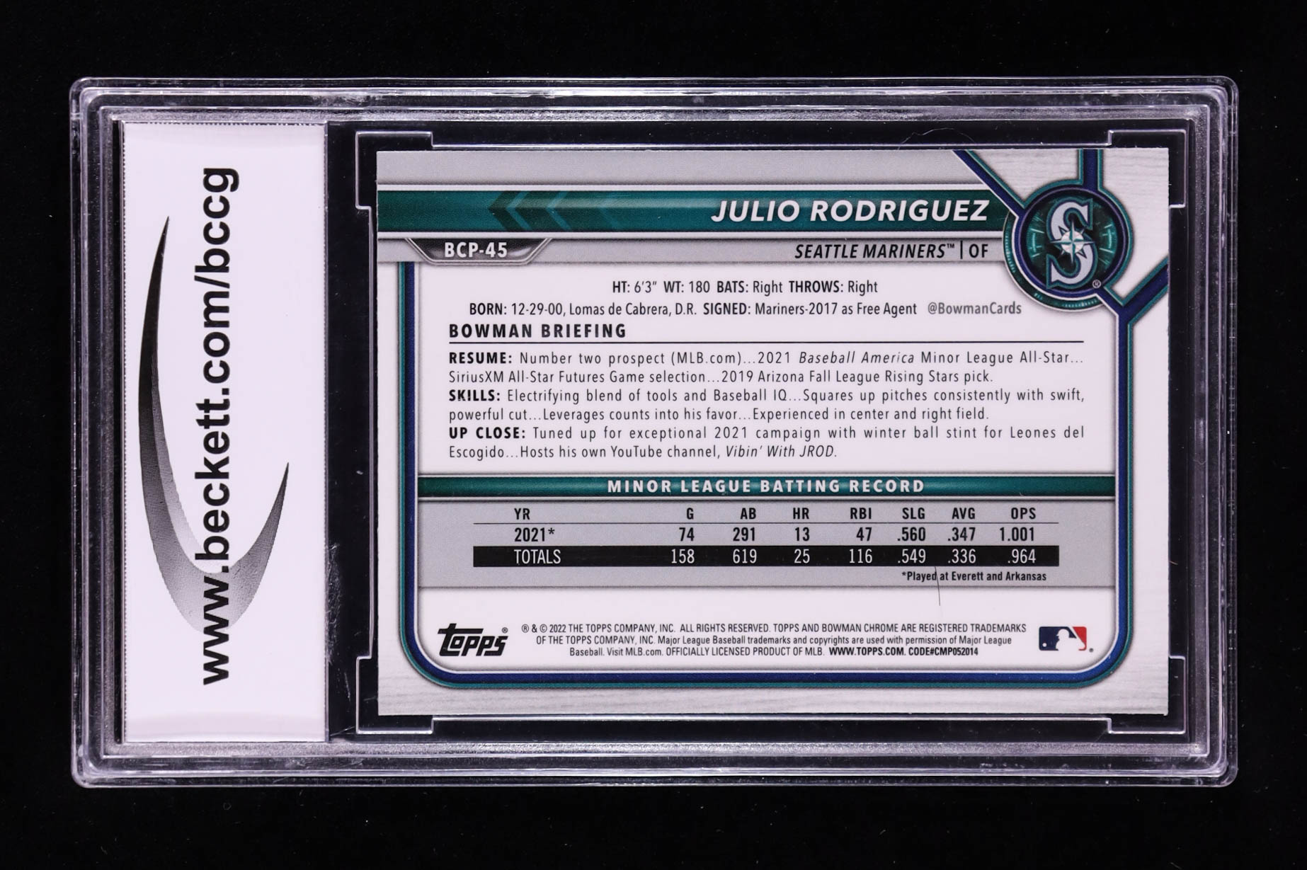 Julio Rodriguez 2022 Bowman Chrome Mega Box Prospects #BCP45 RC (BCCG 10) at PristineAuction.com Julio Rodriguez 2022 Bowman Chrome Mega Box Prospects #BCP45 RC (BCCG 10) at PristineAuction.com