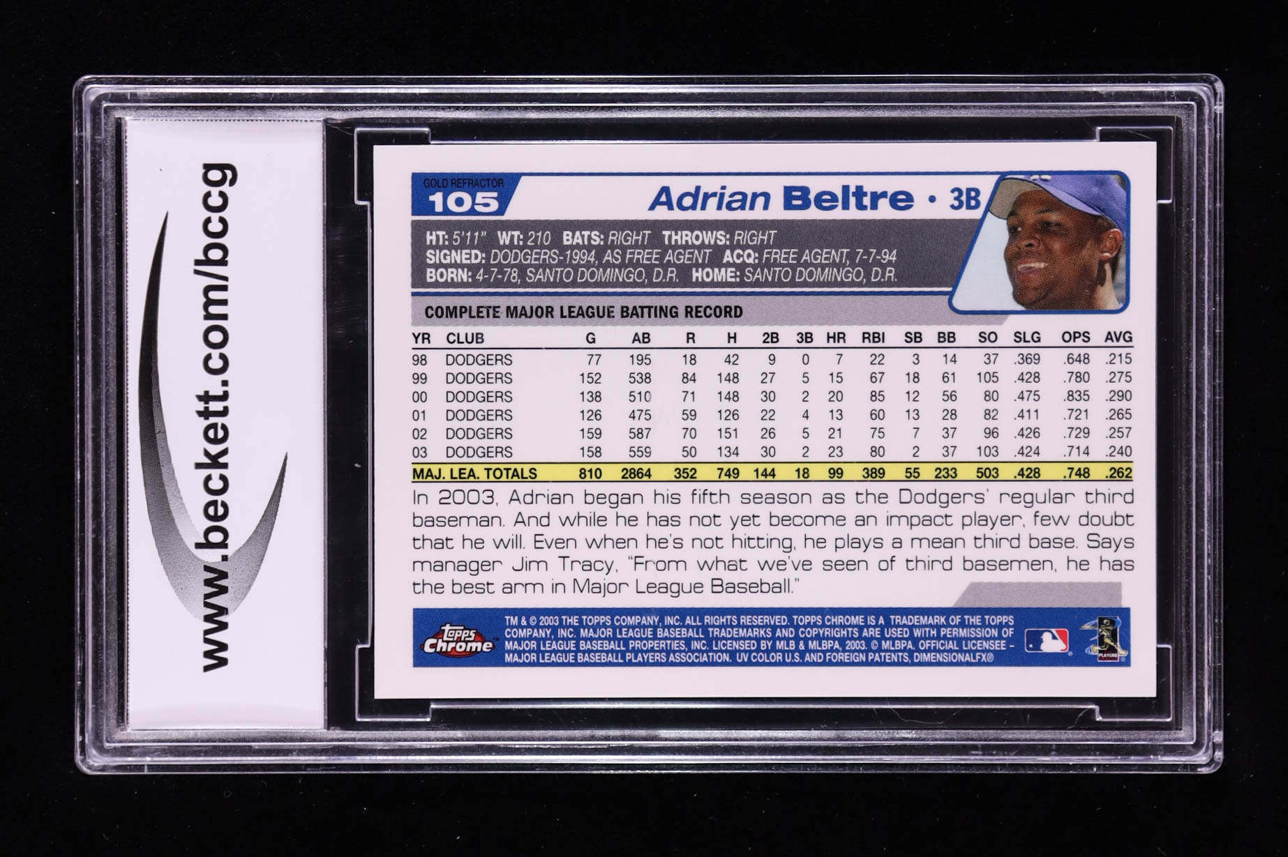 Adrian Beltre 2004 Topps Chrome Gold Refractors #105 (BCCG 10) at PristineAuction.com Adrian Beltre 2004 Topps Chrome Gold Refractors #105 (BCCG 10) at PristineAuction.com