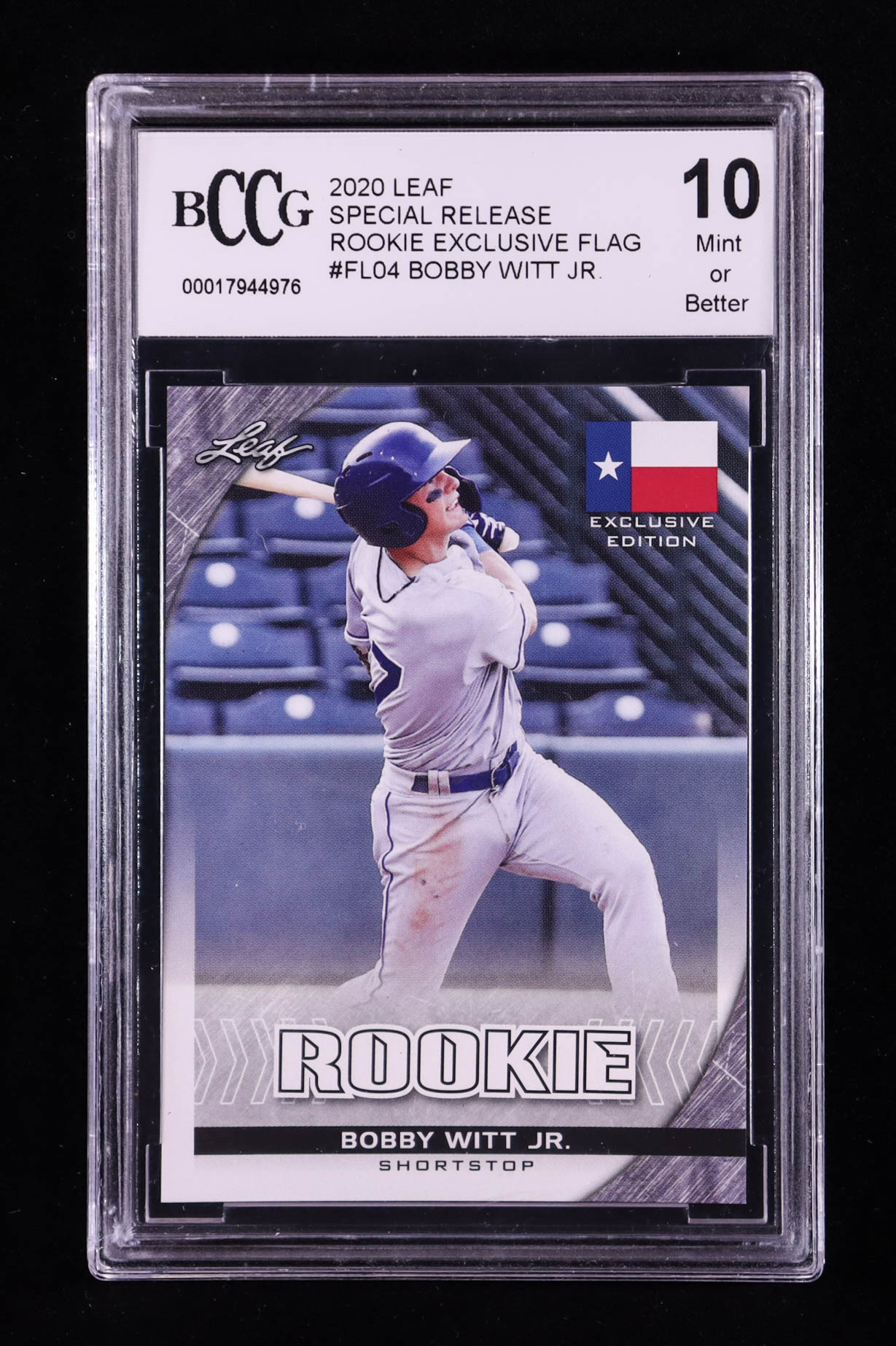 Bobby Witt Jr. 2020 Leaf Special Release Rookie Exclusive Flag #FL04 RC (BCCG 10) at PristineAuction.com Bobby Witt Jr. 2020 Leaf Special Release Rookie Exclusive Flag #FL04 RC (BCCG 10) at PristineAuction.com