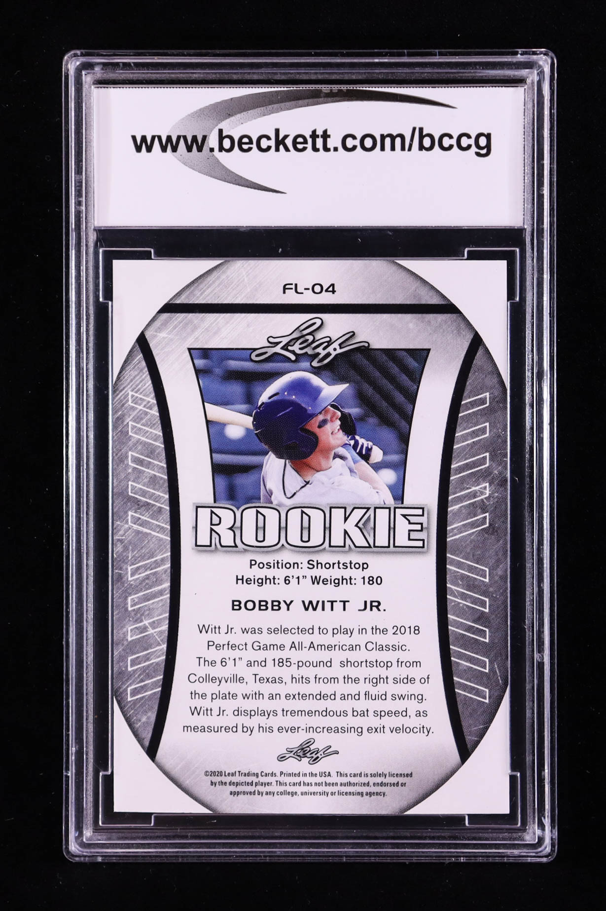 Bobby Witt Jr. 2020 Leaf Special Release Rookie Exclusive Flag #FL04 RC (BCCG 10) at PristineAuction.com Bobby Witt Jr. 2020 Leaf Special Release Rookie Exclusive Flag #FL04 RC (BCCG 10) at PristineAuction.com