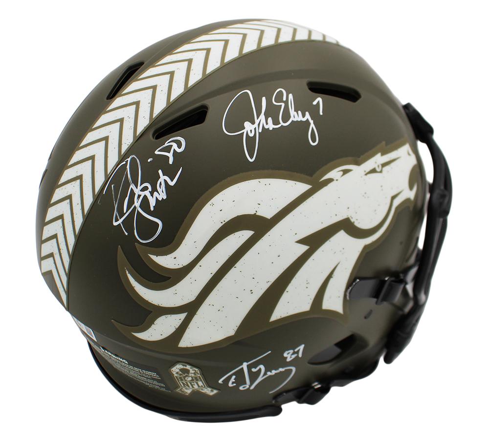 John Elway, Rod Smith & Ed McCaffrey Signed Broncos Full-Size Authentic On-Field Salute to Service Alternate Speed Helmet (Beckett) at PristineAuction.com John Elway, Rod Smith & Ed McCaffrey Signed Broncos Full-Size Authentic On-Field Salute to Service Alternate Speed Helmet (Beckett) at PristineAuction.com