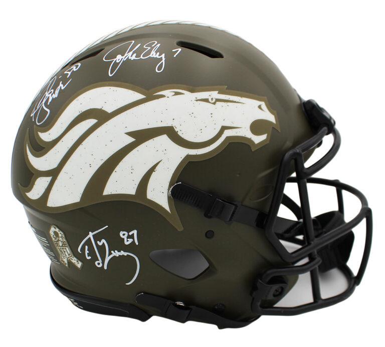 John Elway, Rod Smith & Ed McCaffrey Signed Broncos Full-Size Authentic On-Field Salute to Service Alternate Speed Helmet (Beckett) at PristineAuction.com John Elway, Rod Smith & Ed McCaffrey Signed Broncos Full-Size Authentic On-Field Salute to Service Alternate Speed Helmet (Beckett) at PristineAuction.com