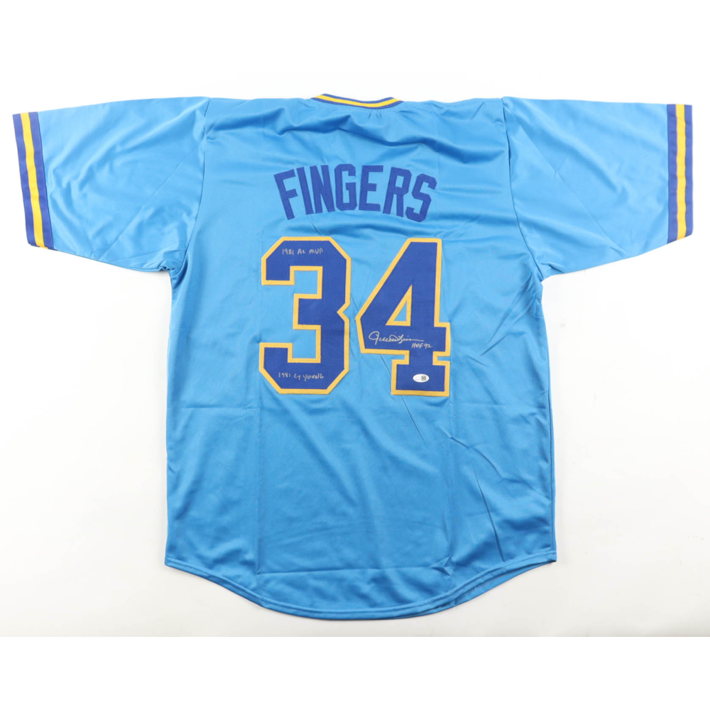 Rollie Fingers Signed Jersey Inscribed "1981 AL MVP", & "1981 AL Cy Young", & "HOF 93" (JSA) at PristineAuction.com