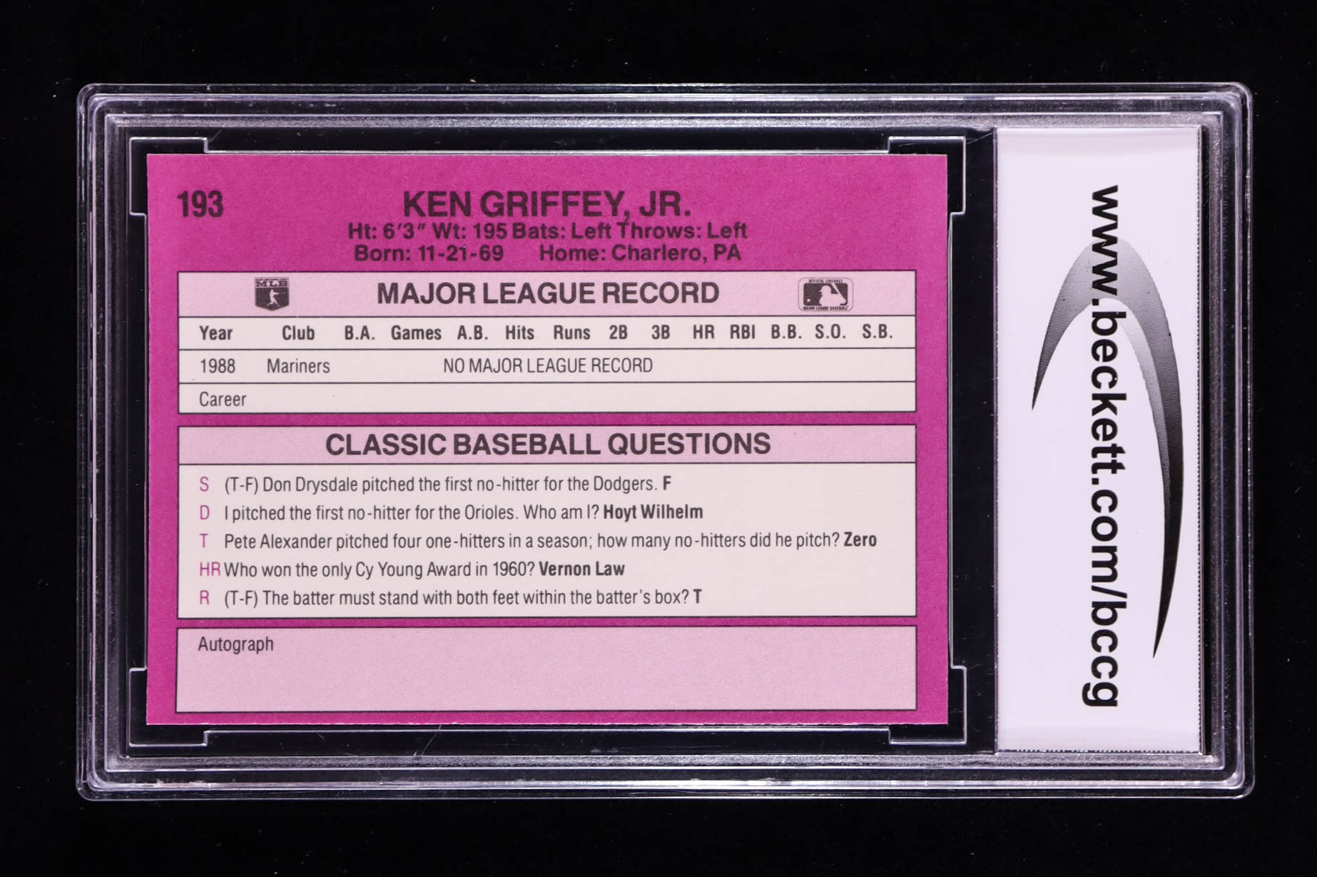 Ken Griffey Jr. 1989 Classic Travel Purple #131 RC (BCCG 10) at PristineAuction.com Ken Griffey Jr. 1989 Classic Travel Purple #131 RC (BCCG 10) at PristineAuction.com