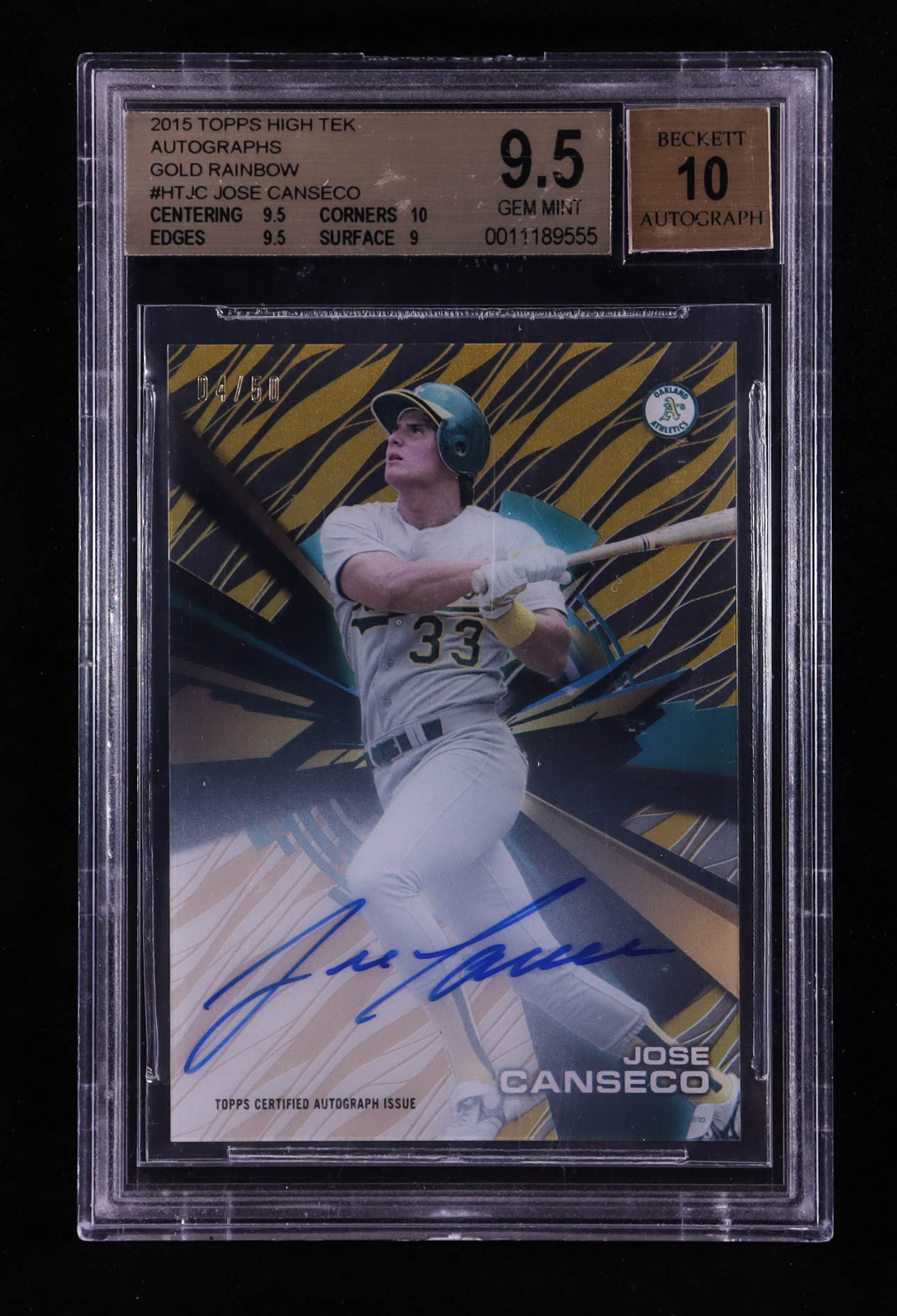 Jose Canseco 2015 Topps High Tek Autographs Gold Rainbow #HTJC #04/50 (BGS 9.5 | Auto 10) at PristineAuction.com Jose Canseco 2015 Topps High Tek Autographs Gold Rainbow #HTJC #04/50 (BGS 9.5 | Auto 10) at PristineAuction.com