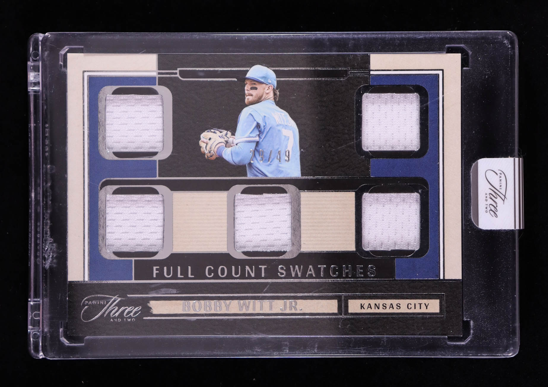 Bobby Witt Jr. 2025 Panini Three and Two Full Count Swatches #23 #29/49 at PristineAuction.com Bobby Witt Jr. 2025 Panini Three and Two Full Count Swatches #23 #29/49 at PristineAuction.com