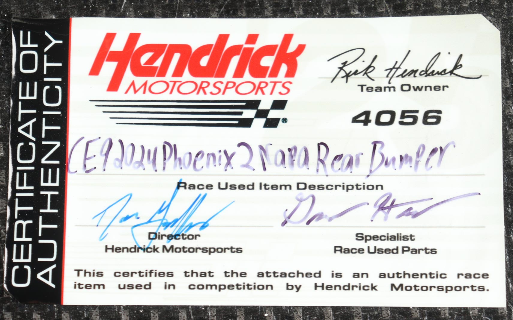 Chase Elliott Race-Used 2024 Phoenix Raceway 2 #9 NAPA Auto Parts Rear Bumper Car Piece (Hendrick Motorsports) at PristineAuction.com Chase Elliott Race-Used 2024 Phoenix Raceway 2 #9 NAPA Auto Parts Rear Bumper Car Piece (Hendrick Motorsports) at PristineAuction.com