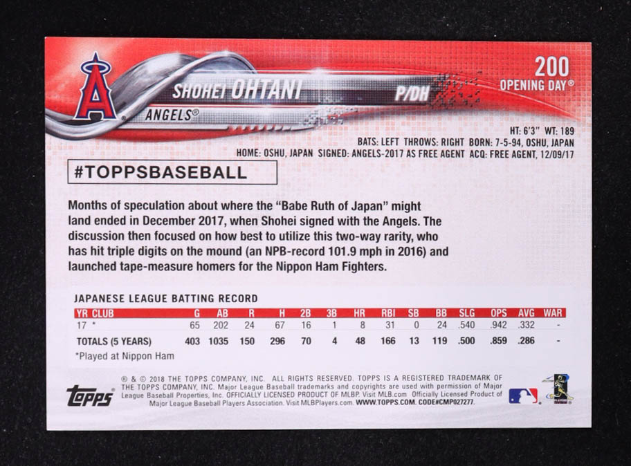 Shohei Ohtani 2018 Topps Opening Day #200 RC at PristineAuction.com Shohei Ohtani 2018 Topps Opening Day #200 RC at PristineAuction.com