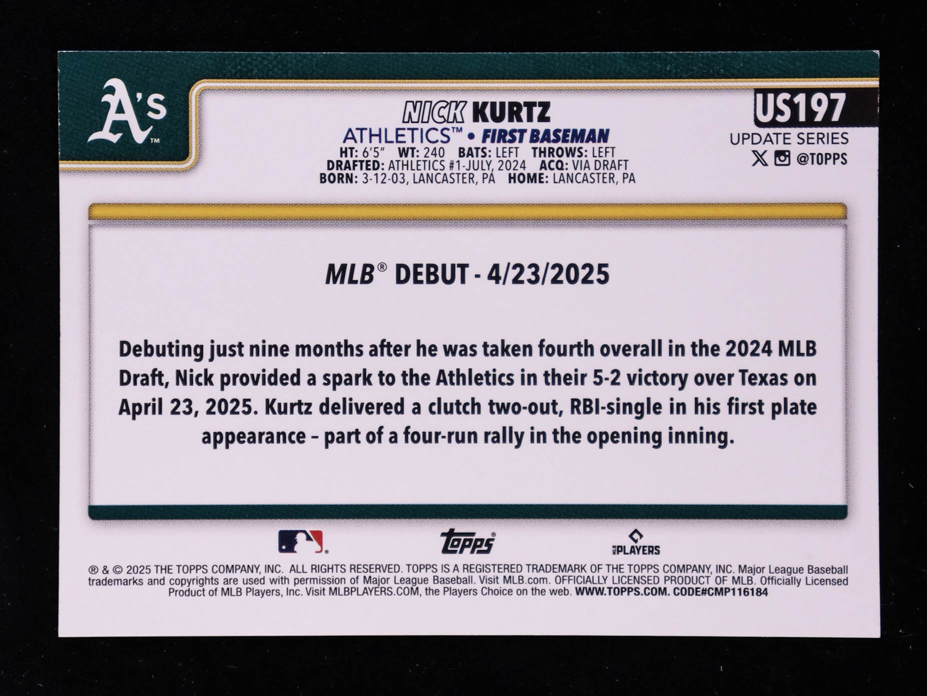 Nick Kurtz 2025 Topps Update Topps Logo Foil #US197 RC at PristineAuction.com Nick Kurtz 2025 Topps Update Topps Logo Foil #US197 RC at PristineAuction.com
