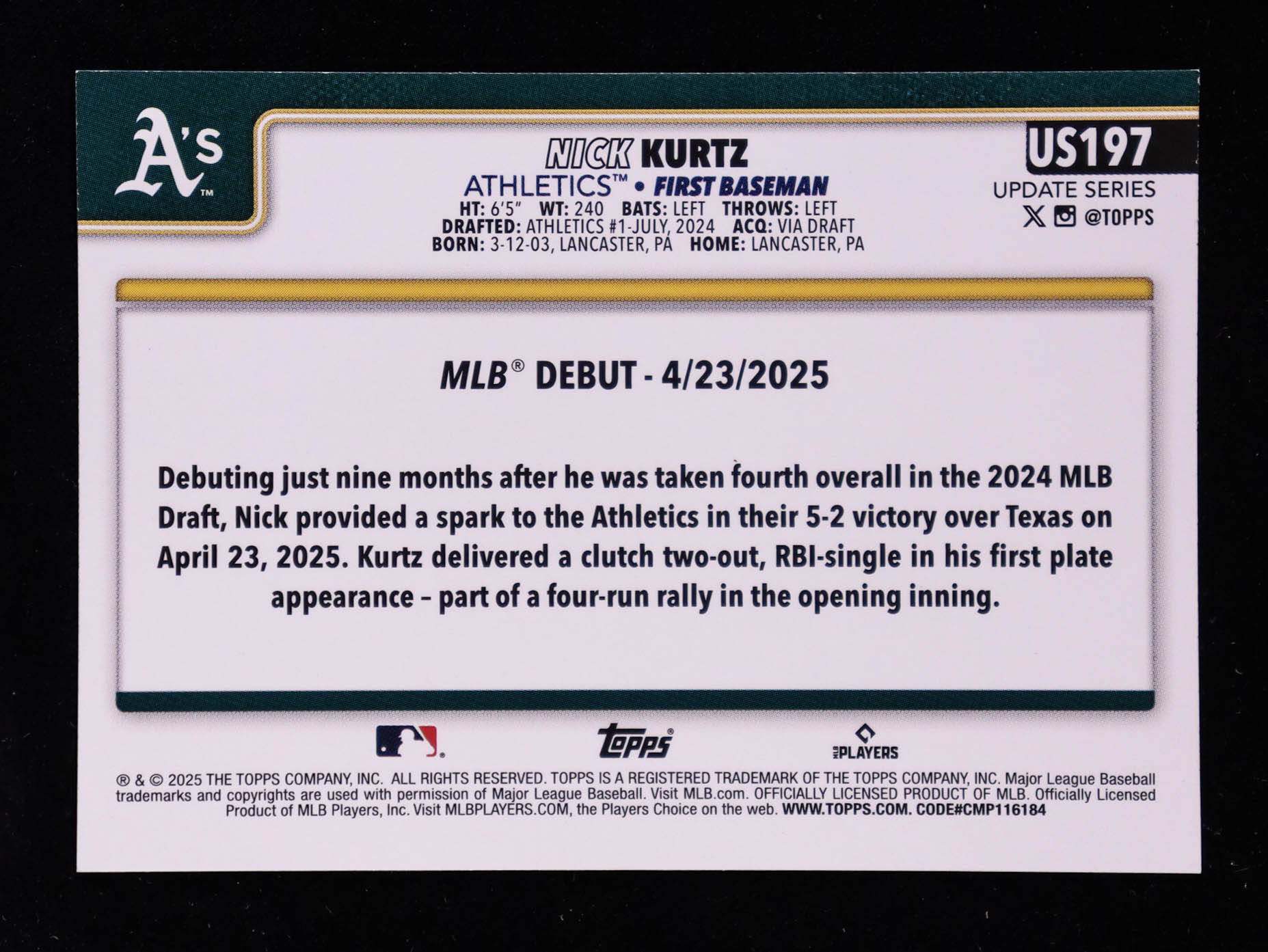 Nick Kurtz 2025 Topps Update Topps Logo Foil #US197 RC at PristineAuction.com Nick Kurtz 2025 Topps Update Topps Logo Foil #US197 RC at PristineAuction.com