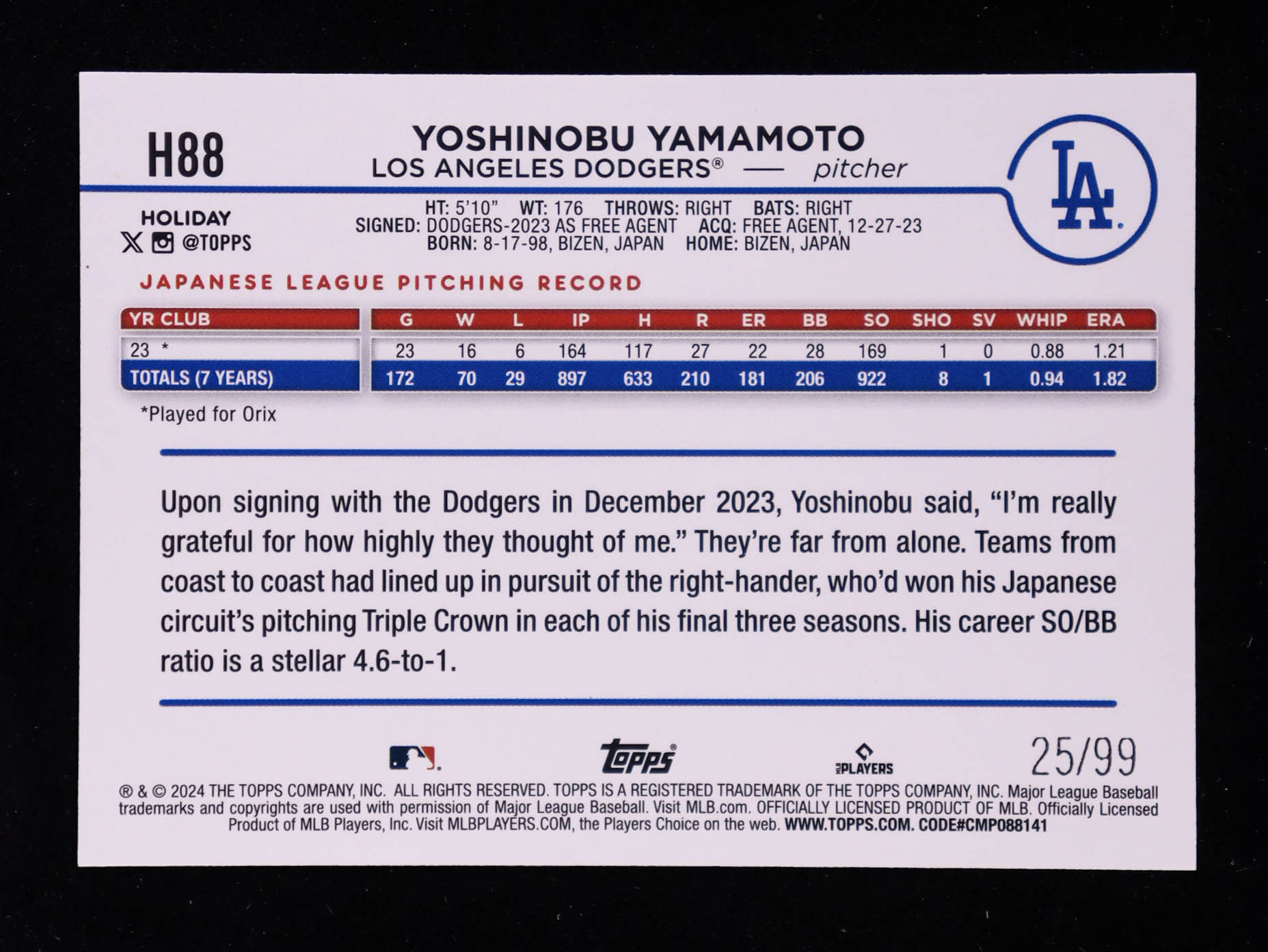 Yoshinobu Yamamoto 2024 Topps Holiday Metallic Purple Tree #H88 #25/99 RC at PristineAuction.com Yoshinobu Yamamoto 2024 Topps Holiday Metallic Purple Tree #H88 #25/99 RC at PristineAuction.com