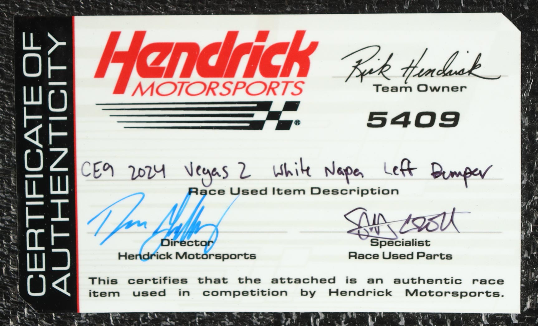 Chase Elliott Race-Used 2024 Las Vegas Motor Speedway 2 #9 NAPA Auto Parts Left Bumper Car Piece (Hendrick Motorsports) at PristineAuction.com Chase Elliott Race-Used 2024 Las Vegas Motor Speedway 2 #9 NAPA Auto Parts Left Bumper Car Piece (Hendrick Motorsports) at PristineAuction.com