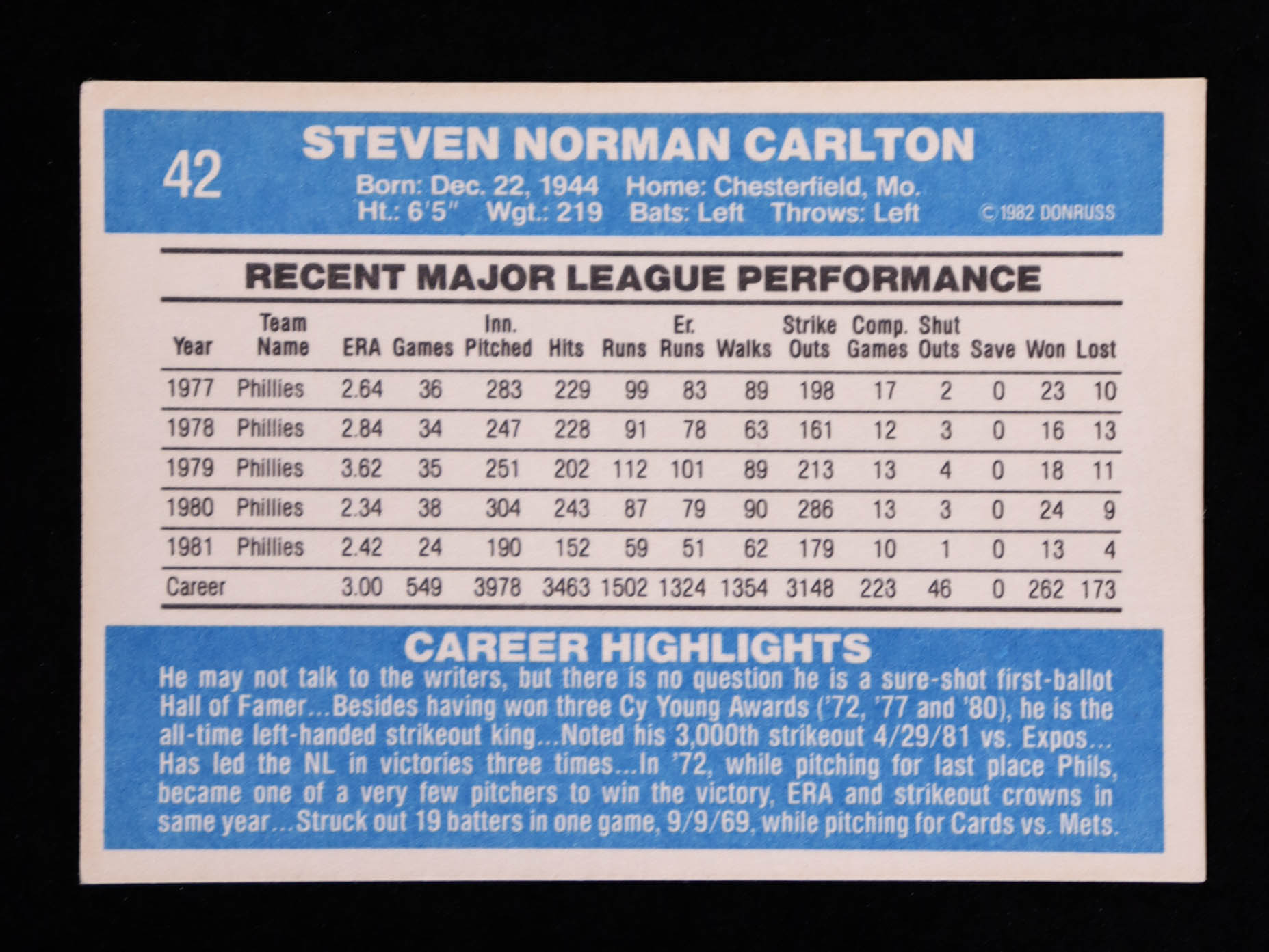Steve Carlton 1982 Donruss #42 at PristineAuction.com Steve Carlton 1982 Donruss #42 at PristineAuction.com