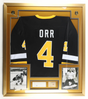 Bobby Orr Signed Custom Framed Cut Display with Jersey, (2) Stanley Cup Pins, & 1972 Bruins Ticket (PSA) at PristineAuction.com