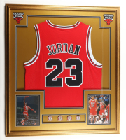 Michael Jordan Custom Framed Jersey Display with (4) NBA Finals Pins at PristineAuction.com