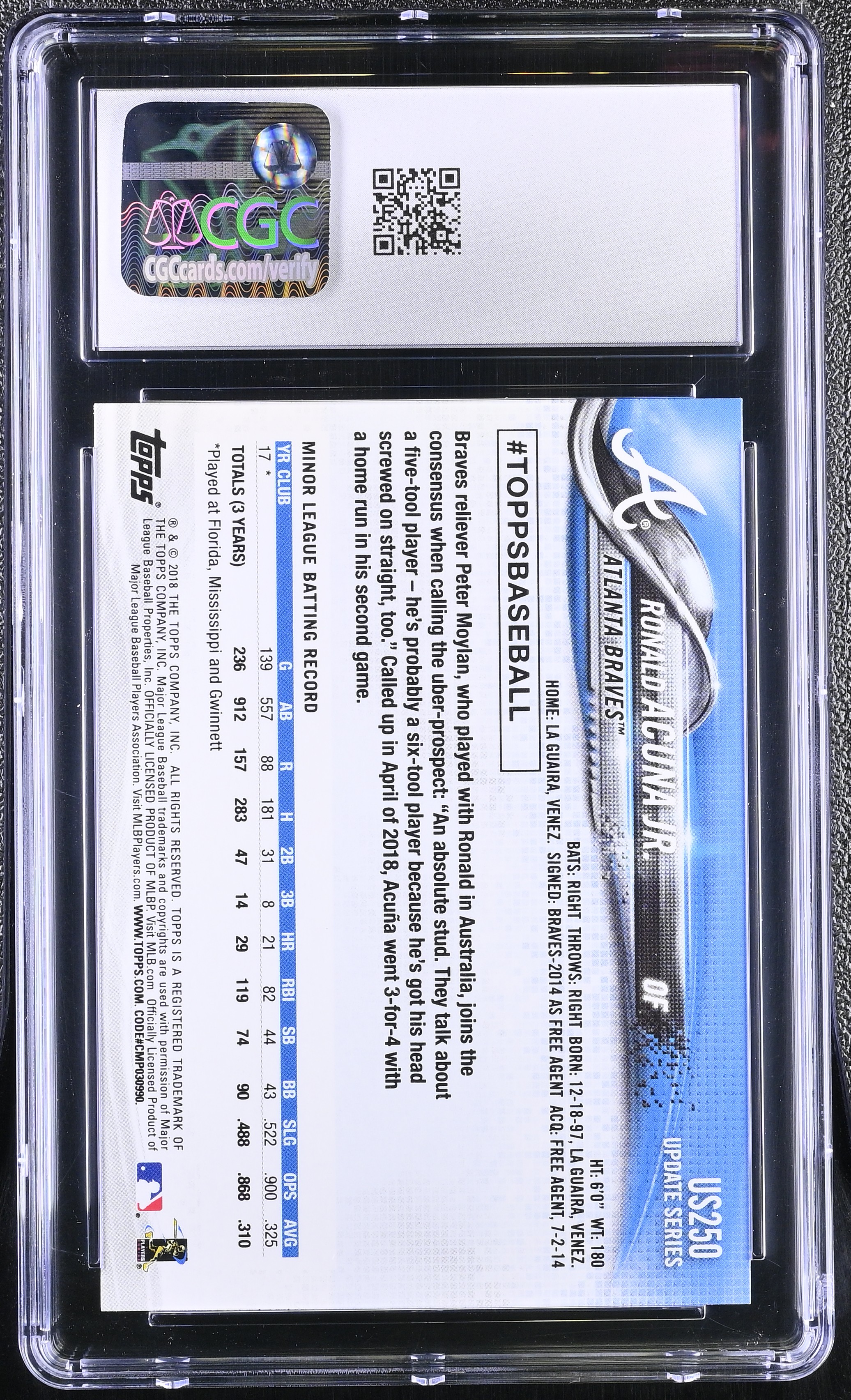 Ronald Acuna Jr. 2018 Topps Update #US250 RC (CGC 10) at PristineAuction.com Ronald Acuna Jr. 2018 Topps Update #US250 RC (CGC 10) at PristineAuction.com