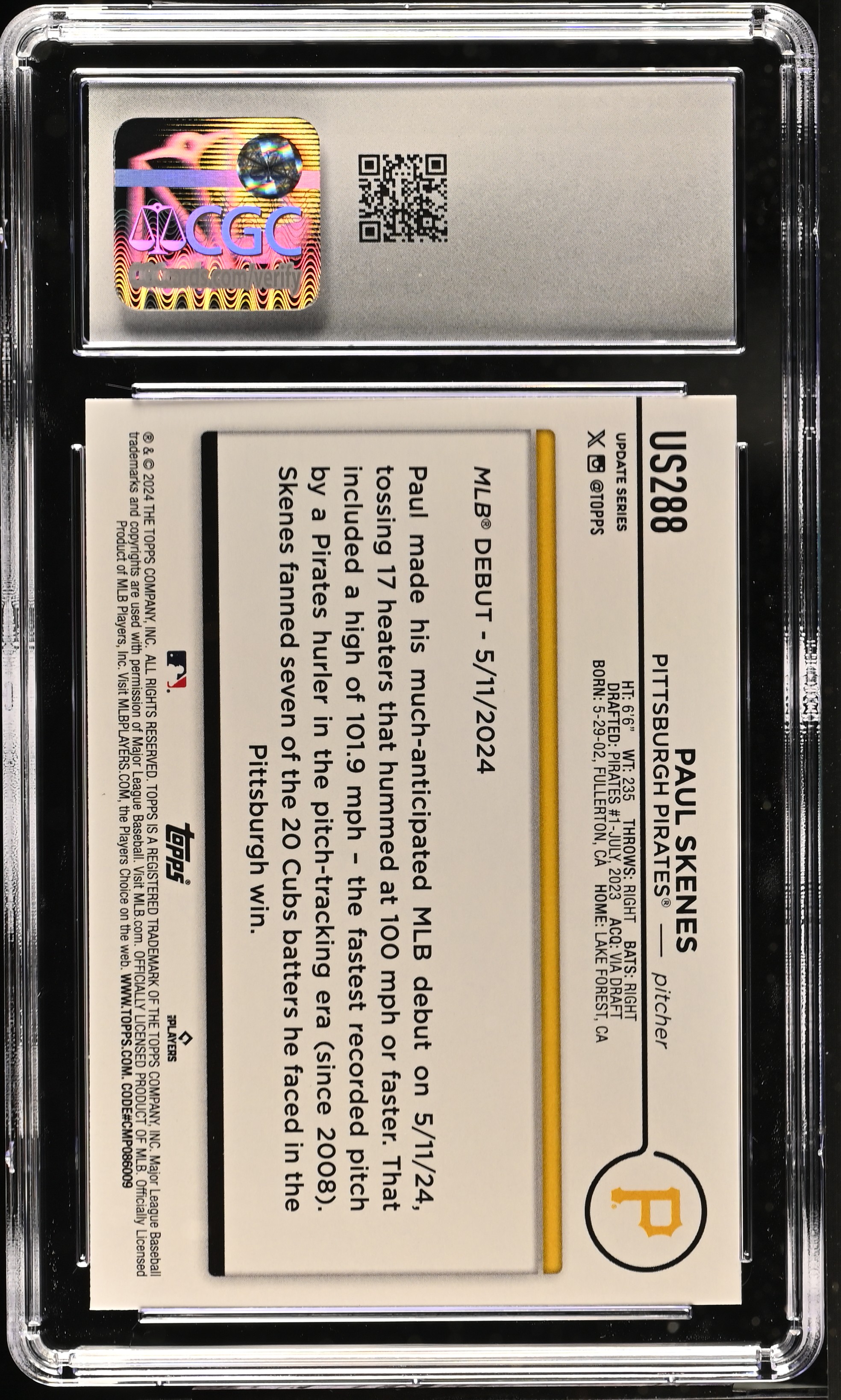 Paul Skenes 2024 Topps Update #US288 RC (CGC 10) at PristineAuction.com Paul Skenes 2024 Topps Update #US288 RC (CGC 10) at PristineAuction.com