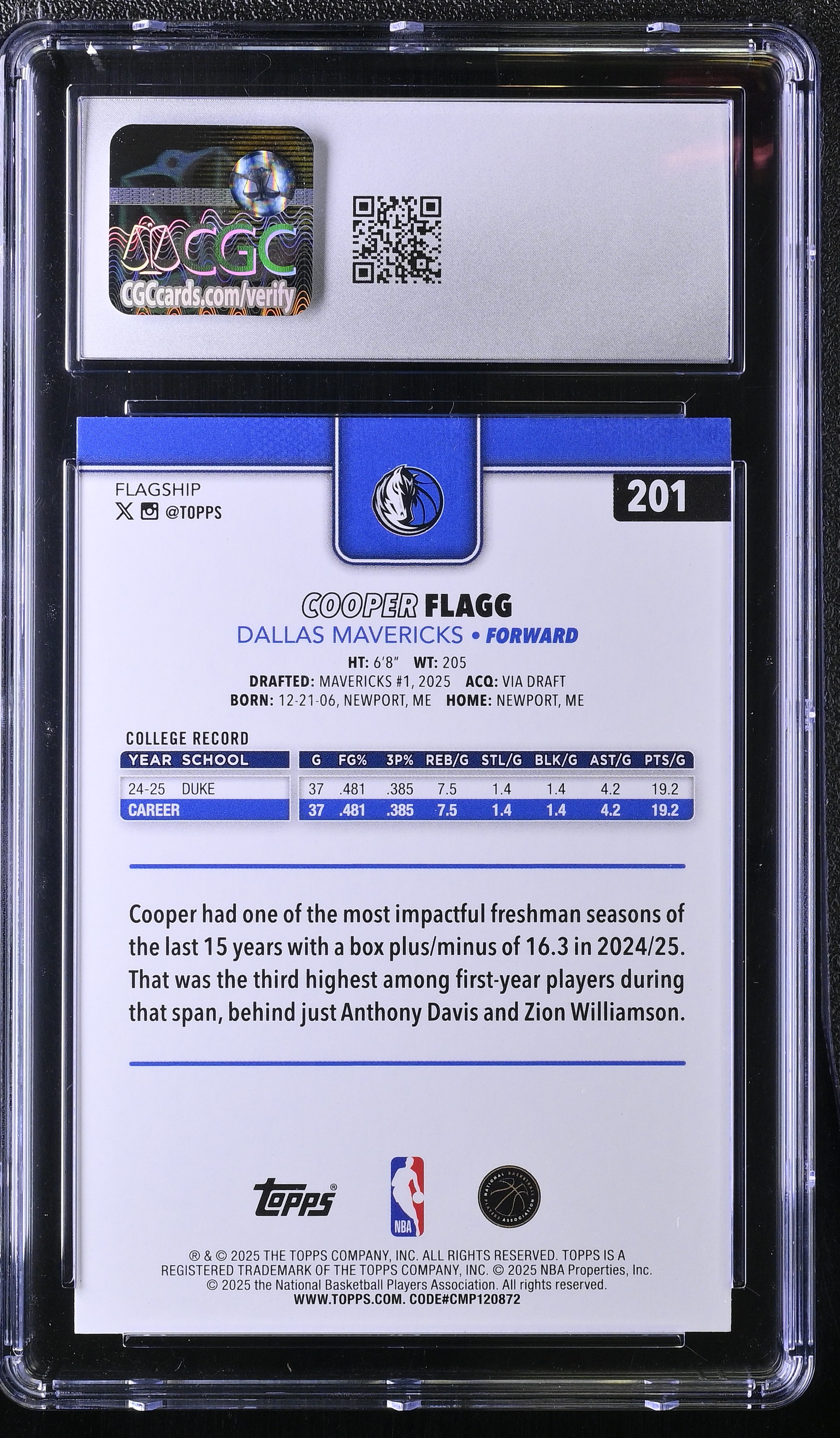 Cooper Flagg 2025-26 Topps #201 RC (CGC 10) at PristineAuction.com Cooper Flagg 2025-26 Topps #201 RC (CGC 10) at PristineAuction.com