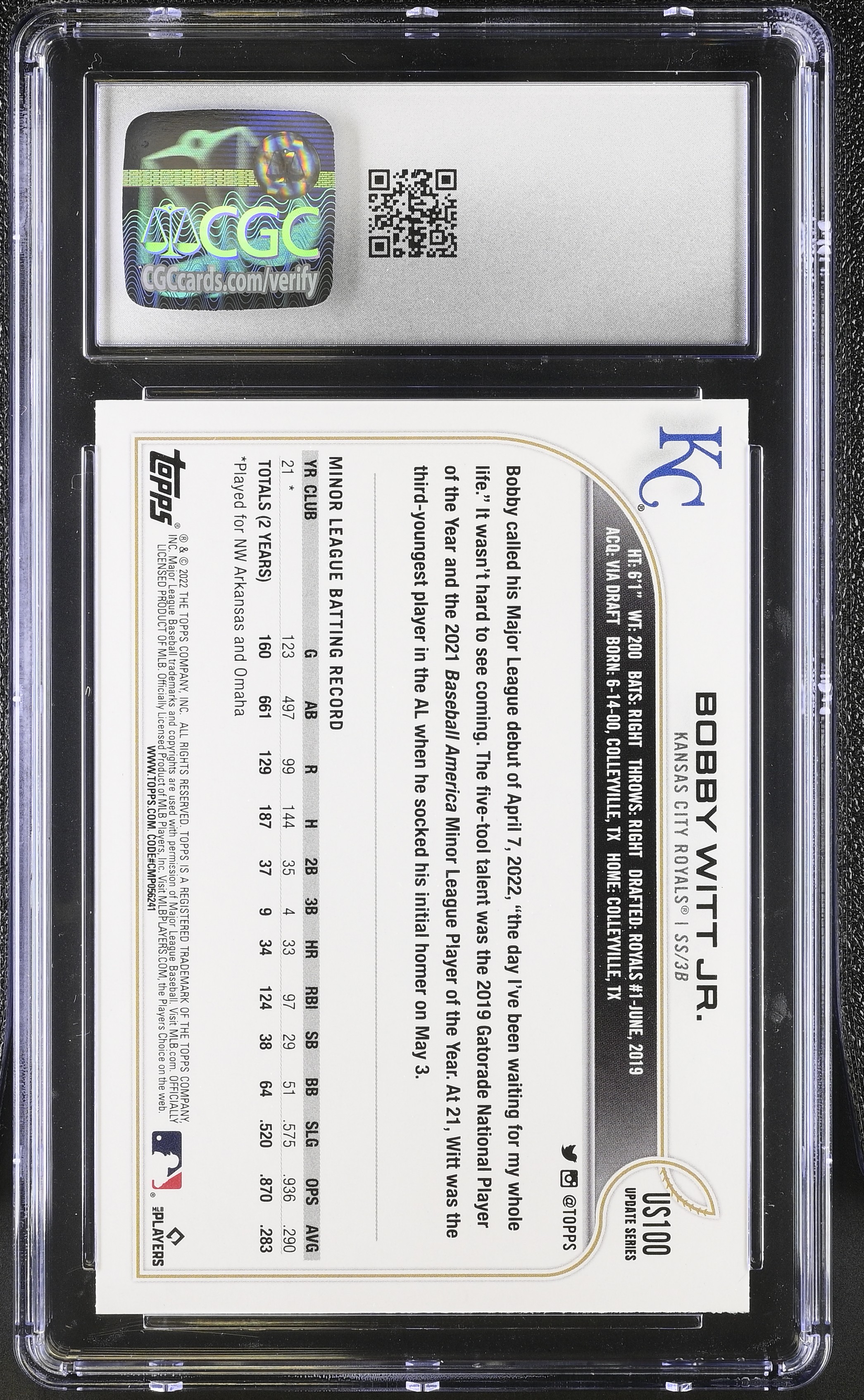 Bobby Witt Jr. 2022 Topps Update #US100 RC (CGC 10) at PristineAuction.com Bobby Witt Jr. 2022 Topps Update #US100 RC (CGC 10) at PristineAuction.com