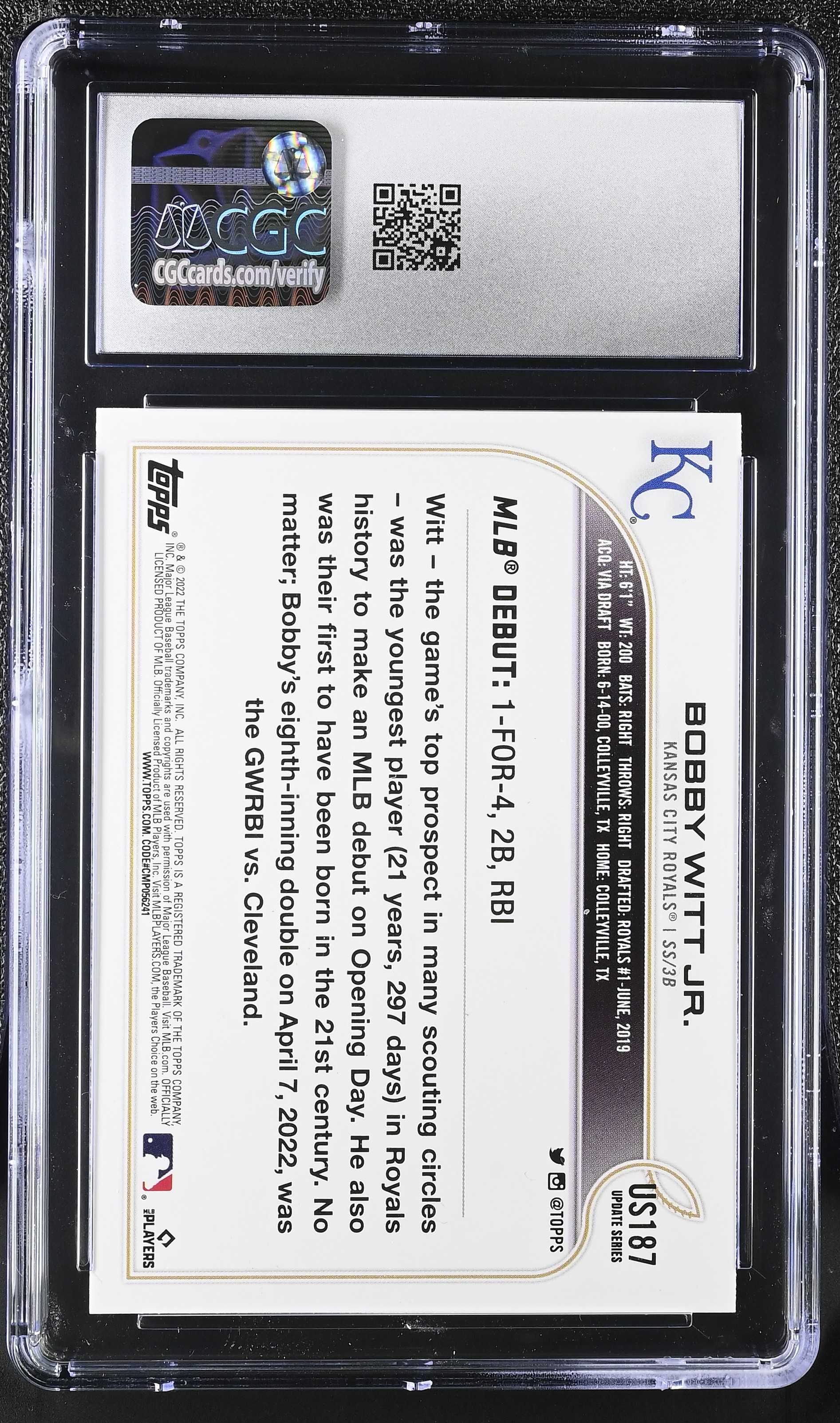Bobby Witt Jr. 2022 Topps Update #US187 RC (CGC 10) at PristineAuction.com Bobby Witt Jr. 2022 Topps Update #US187 RC (CGC 10) at PristineAuction.com