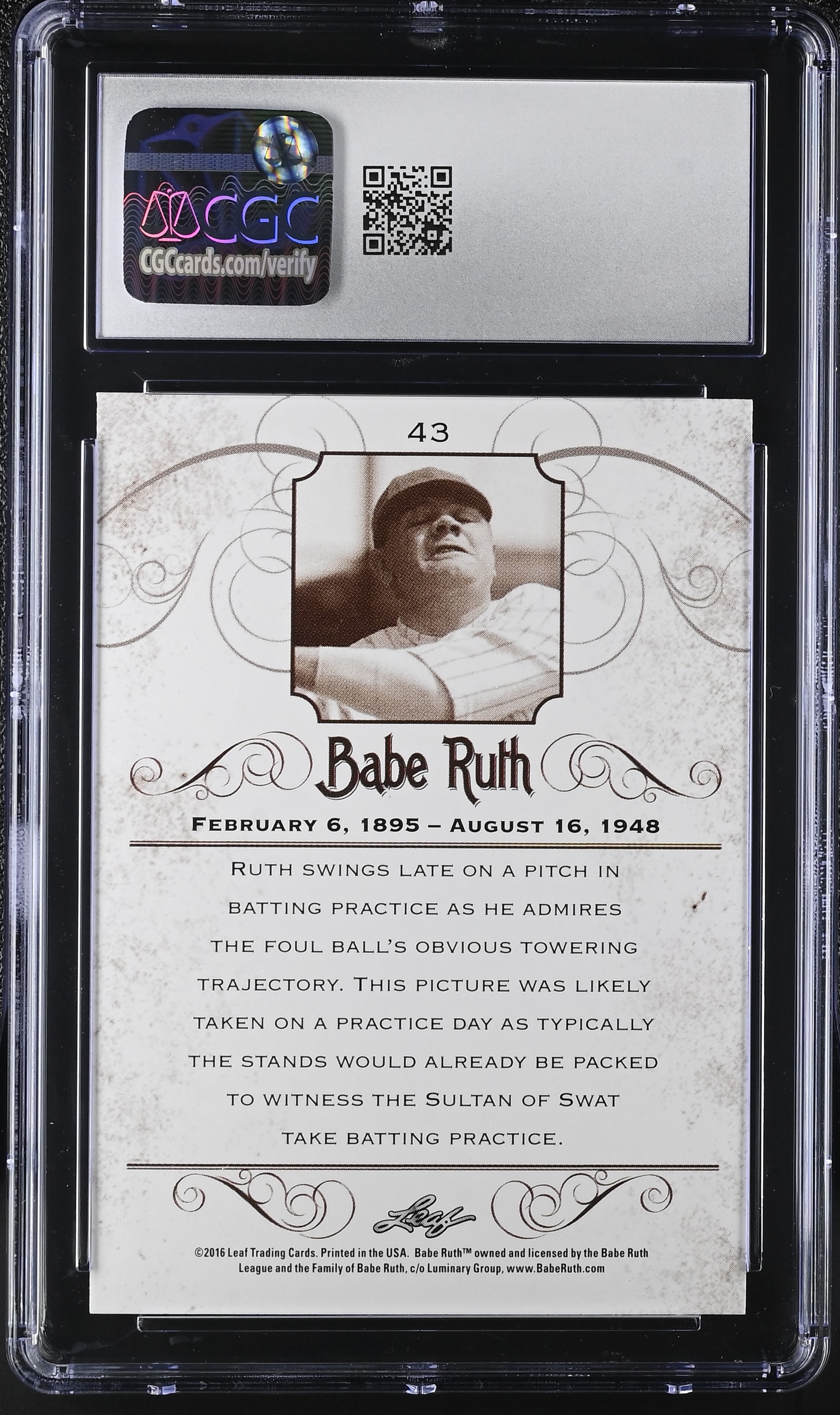 Babe Ruth 2016 Leaf Babe Ruth Collection #43 (CGC 10) at PristineAuction.com Babe Ruth 2016 Leaf Babe Ruth Collection #43 (CGC 10) at PristineAuction.com