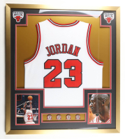 Michael Jordan Custom Framed Jersey Display with (4) NBA Finals Pins at PristineAuction.com