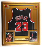 Michael Jordan Custom Framed Jersey Display with 1996 Conference Pin & NBA Finals Pin at PristineAuction.com