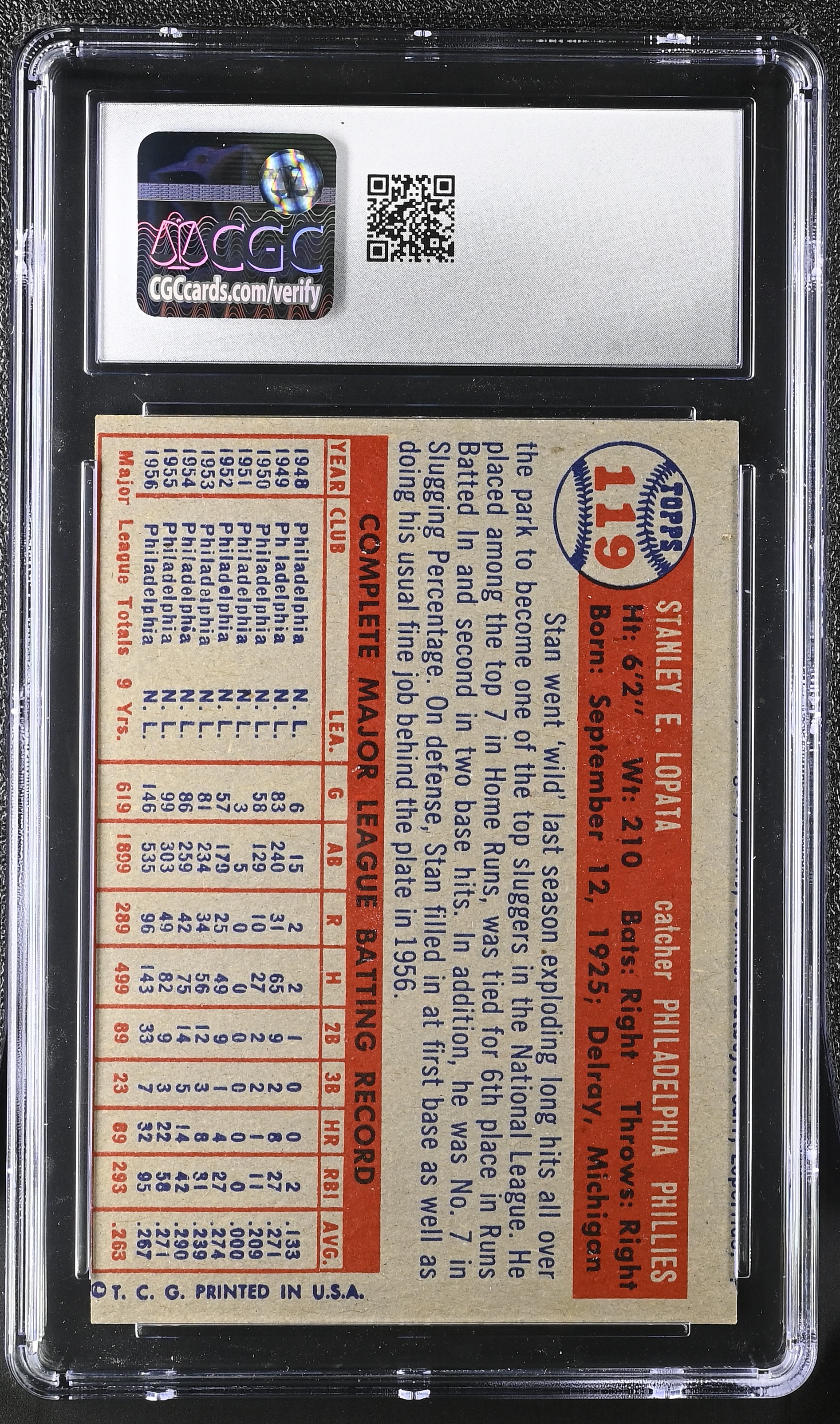 Stan Lopata 1957 Topps #119 (CGC 6) at PristineAuction.com Stan Lopata 1957 Topps #119 (CGC 6) at PristineAuction.com