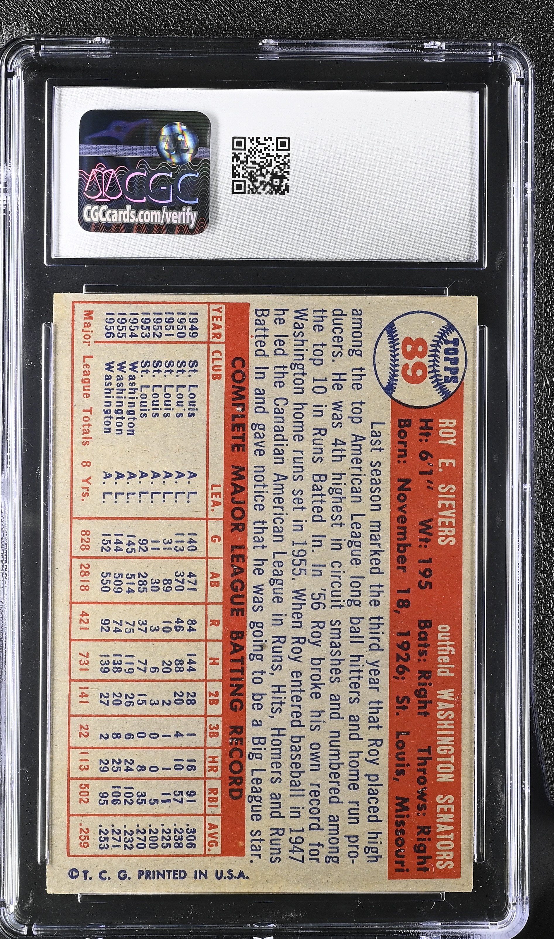 Roy Sievers 1957 Topps #89 (CGC 7) at PristineAuction.com Roy Sievers 1957 Topps #89 (CGC 7) at PristineAuction.com