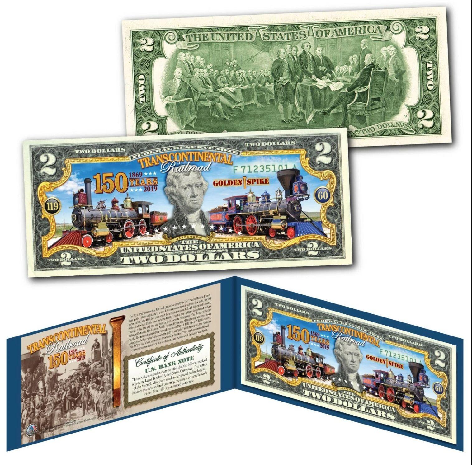 "Transcontinental Railroad" 150th Anniversary Train Locomotive Genuine US $2 Bill at PristineAuction.com "Transcontinental Railroad" 150th Anniversary Train Locomotive Genuine US $2 Bill at PristineAuction.com