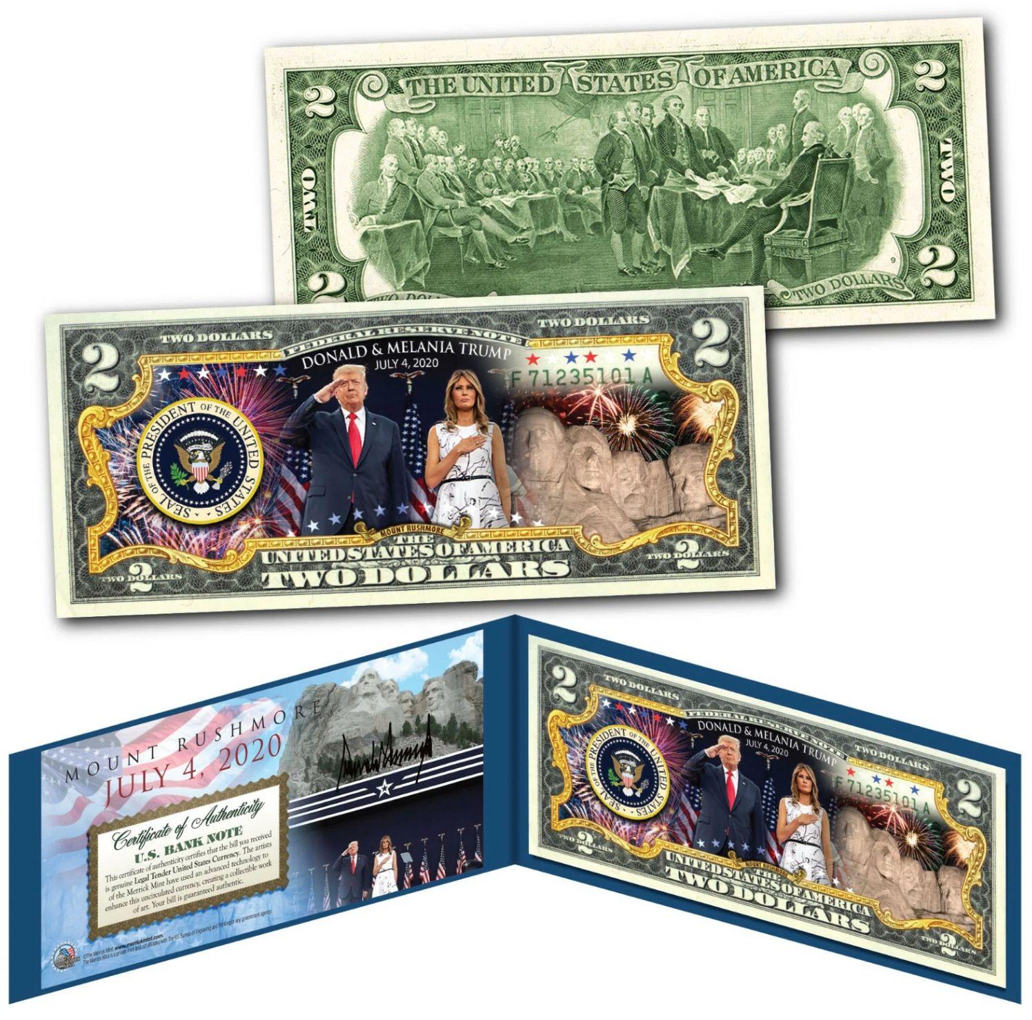 President Donald Trump & Melania Trump July 4th Genuine Legal Tender U.S. $2 Bill at PristineAuction.com President Donald Trump & Melania Trump July 4th Genuine Legal Tender U.S. $2 Bill at PristineAuction.com