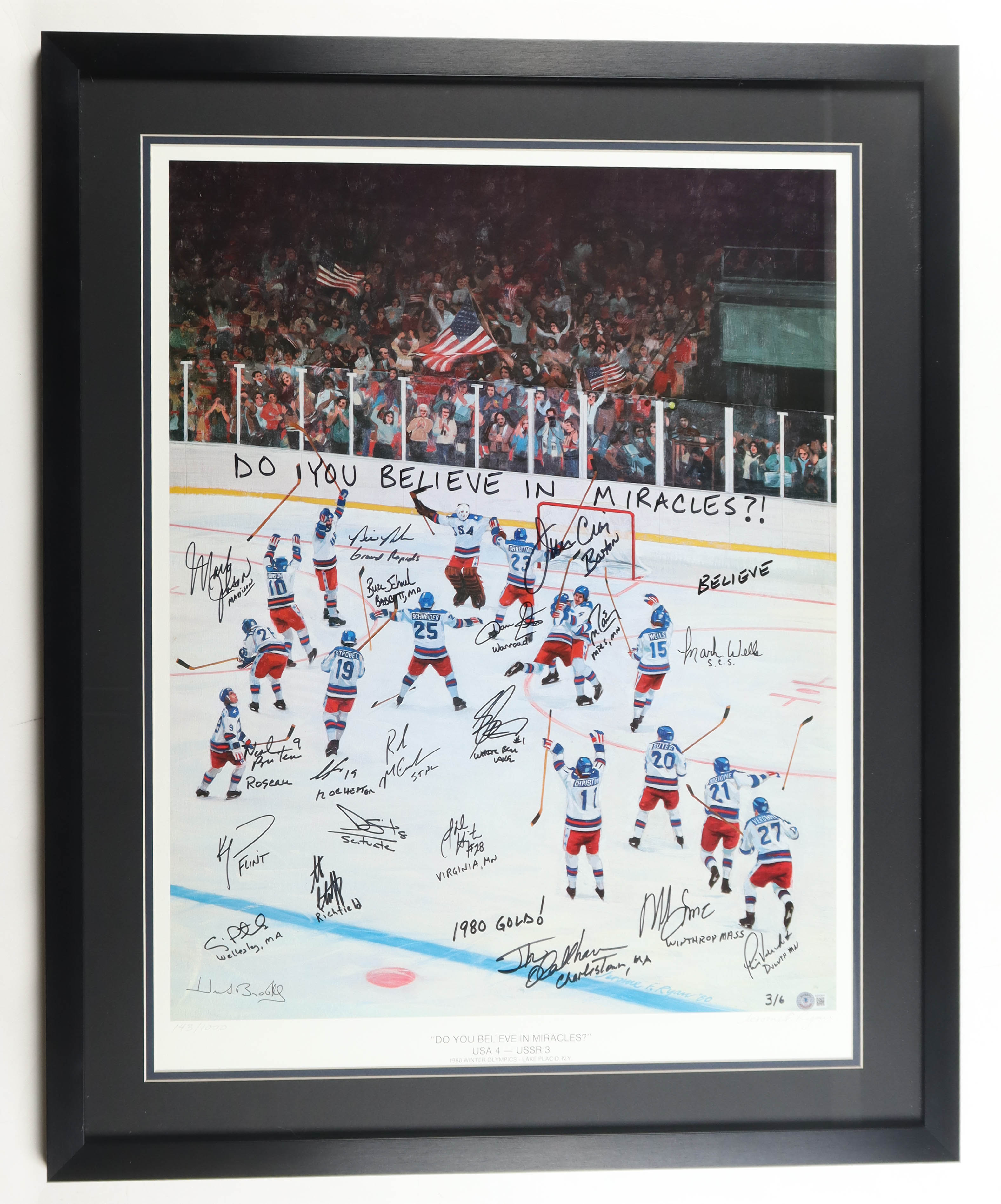 Herb Brooks, Mike Eruzione, Jim Craig | 1980 Team USA LE "Miracle on Ice" Custom Framed Lithograph Team-Signed & Inscribed by (20) (Beckett) at PristineAuction.com Herb Brooks, Mike Eruzione, Jim Craig | 1980 Team USA LE "Miracle on Ice" Custom Framed Lithograph Team-Signed & Inscribed by (20) (Beckett) at PristineAuction.com