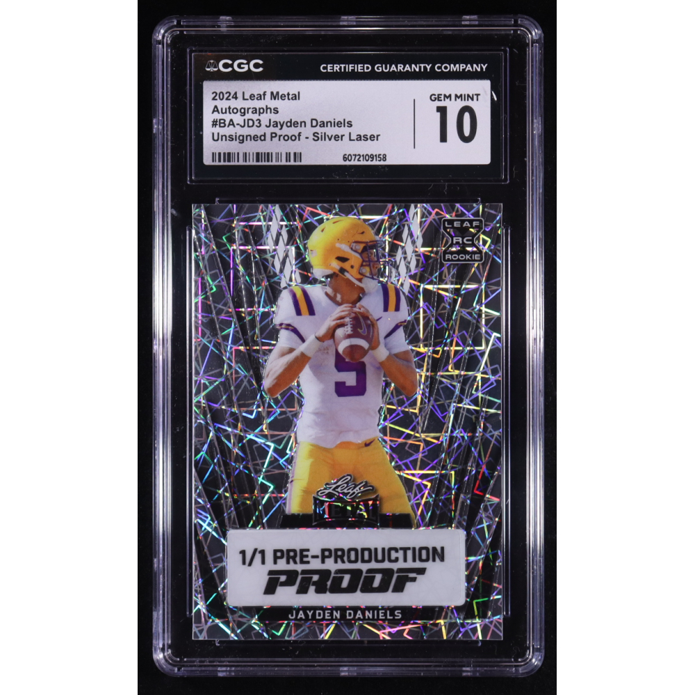 Jayden Daniels 2024 Leaf Metal Silver Lazer Autographs Unsigned Pre-Production Proof XRC #BA-JD3 RC #1/1 (CGC 10) at PristineAuction.com