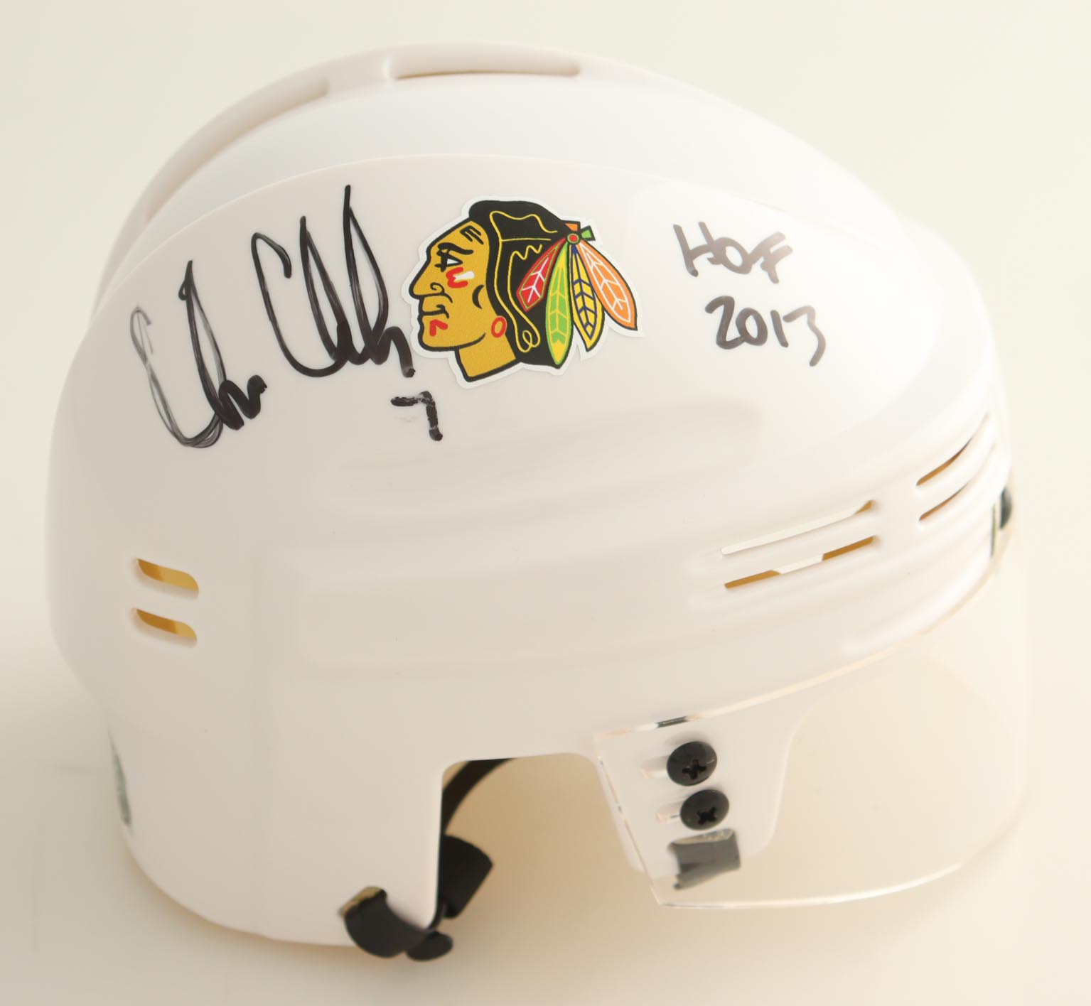 Chris Chelios Signed Blackhawks Mini Helmet Inscribed "HOF 2013" (JSA) at PristineAuction.com Chris Chelios Signed Blackhawks Mini Helmet Inscribed "HOF 2013" (JSA) at PristineAuction.com