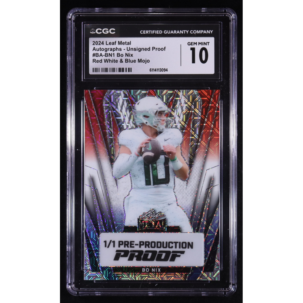 Bo Nix 2024 Leaf Metal Red White & Blue Mojo Autographs Unsigned Pre-Production Proof #BA-BN1 RC #1/1 (CGC 10) at PristineAuction.com