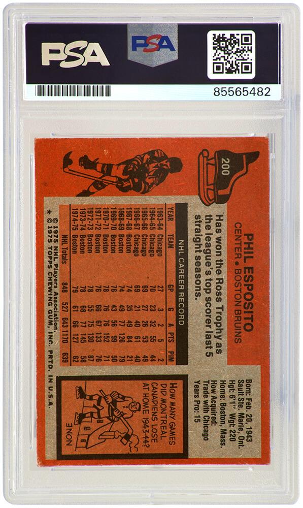 Phil Esposito Signed 1975 Topps #200 (PSA) at PristineAuction.com Phil Esposito Signed 1975 Topps #200 (PSA) at PristineAuction.com