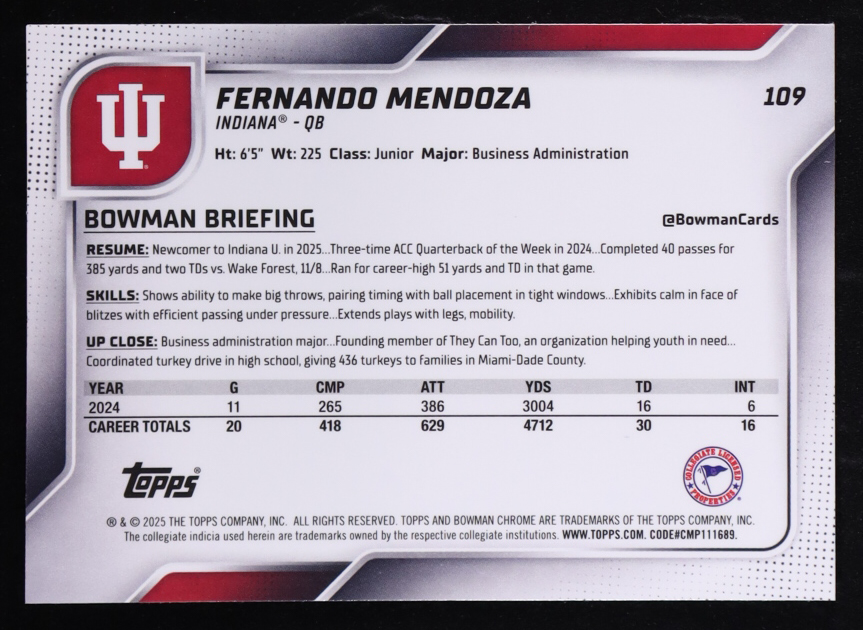 Fernando Mendoza 2025 Bowman 1st U Chrome #109 RC at PristineAuction.com Fernando Mendoza 2025 Bowman 1st U Chrome #109 RC at PristineAuction.com