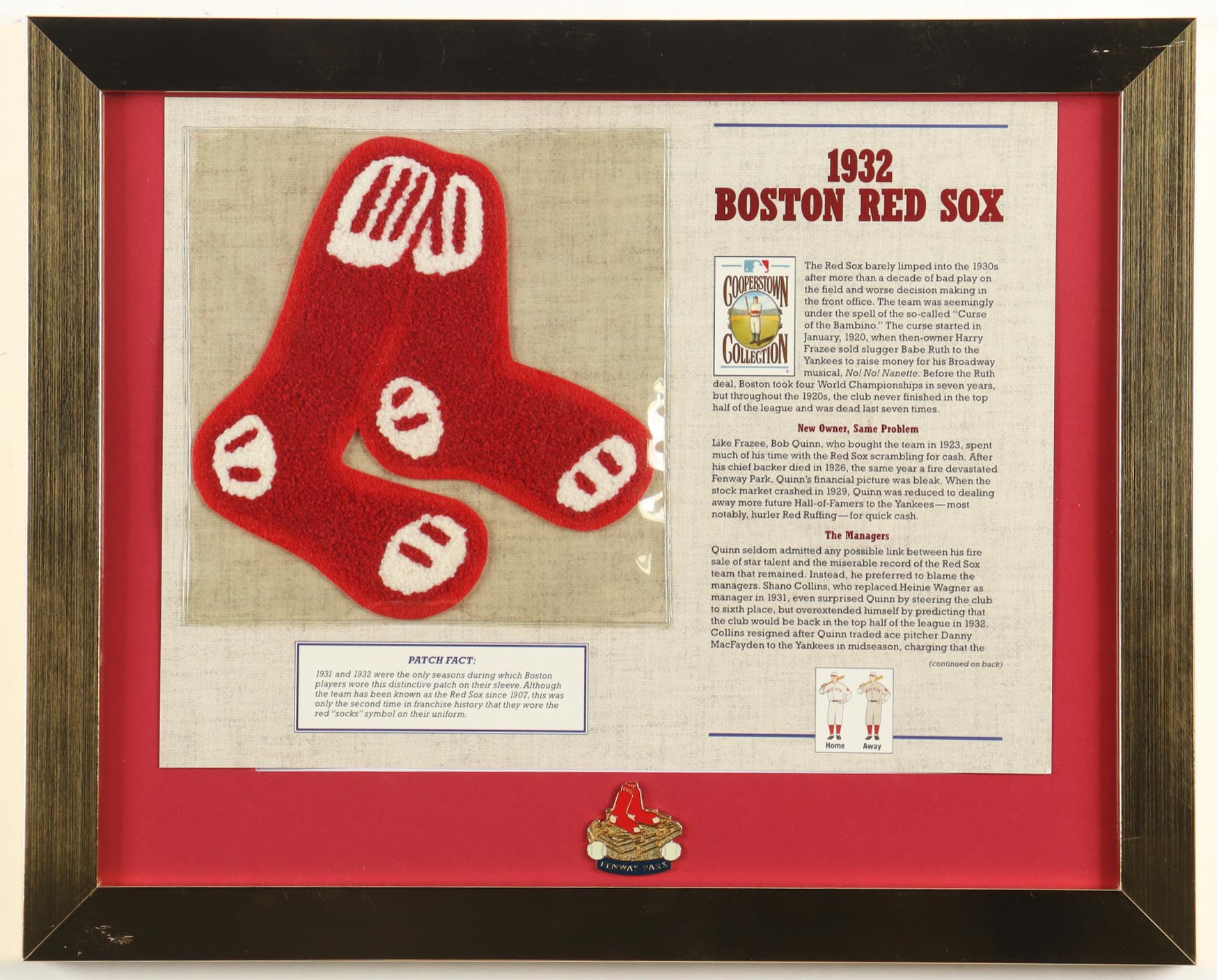 1932 Boston Red Sox Custom Framed Commemorative Patch Display with Red Sox Logo Pin at PristineAuction.com 1932 Boston Red Sox Custom Framed Commemorative Patch Display with Red Sox Logo Pin at PristineAuction.com
