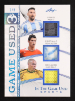 Lionel Messi / Cristiano Ronaldo / Ronaldo Naz&aacute;rio 2025 Leaf in the Game Used Trios 3's Blue Triple Relic Game-Used #GT13 #2/8 at PristineAuction.com