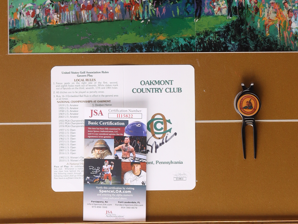 Jack Nicklaus Signed Oakmont Country Club Custom Framed Oakmont Display with LeRoy Neiman Art Print, Oakmont Signed Vintage Scorecard & Vintage Oakmont Divot Tool (JSA) at PristineAuction.com Jack Nicklaus Signed Oakmont Country Club Custom Framed Oakmont Display with LeRoy Neiman Art Print, Oakmont Signed Vintage Scorecard & Vintage Oakmont Divot Tool (JSA) at PristineAuction.com