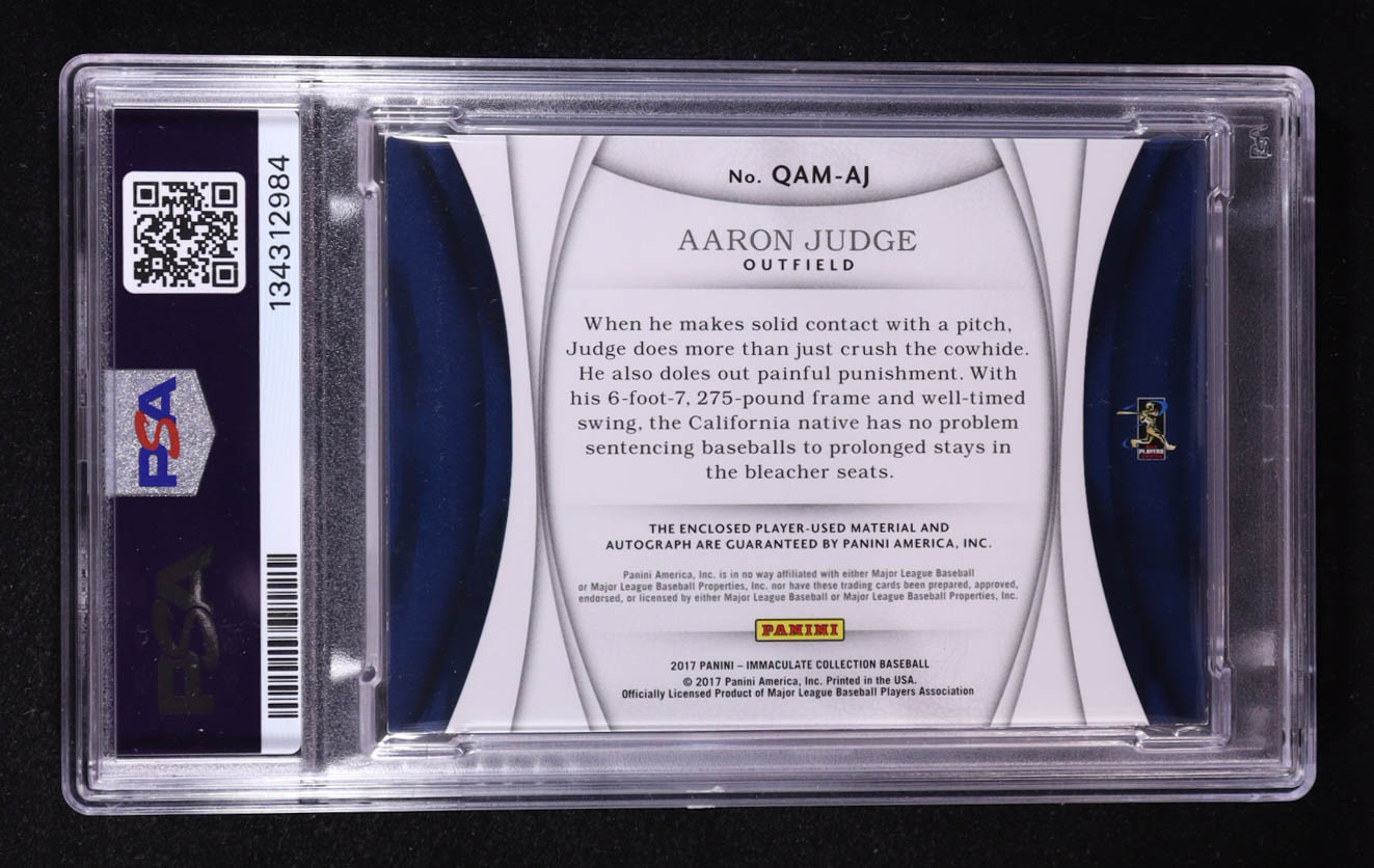 Aaron Judge 2017 Panini Immaculate Quad Auto Materials Rookies #QAM-AJ RC #96/99 (PSA | Autograph Graded PSA 10) at PristineAuction.com Aaron Judge 2017 Panini Immaculate Quad Auto Materials Rookies #QAM-AJ RC #96/99 (PSA | Autograph Graded PSA 10) at PristineAuction.com