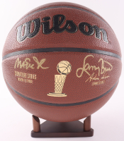 Magic Johnson & Larry Bird Signed NBA Finals Trophy Special Edition Basketball with Stand (PSA & Beckett) at PristineAuction.com