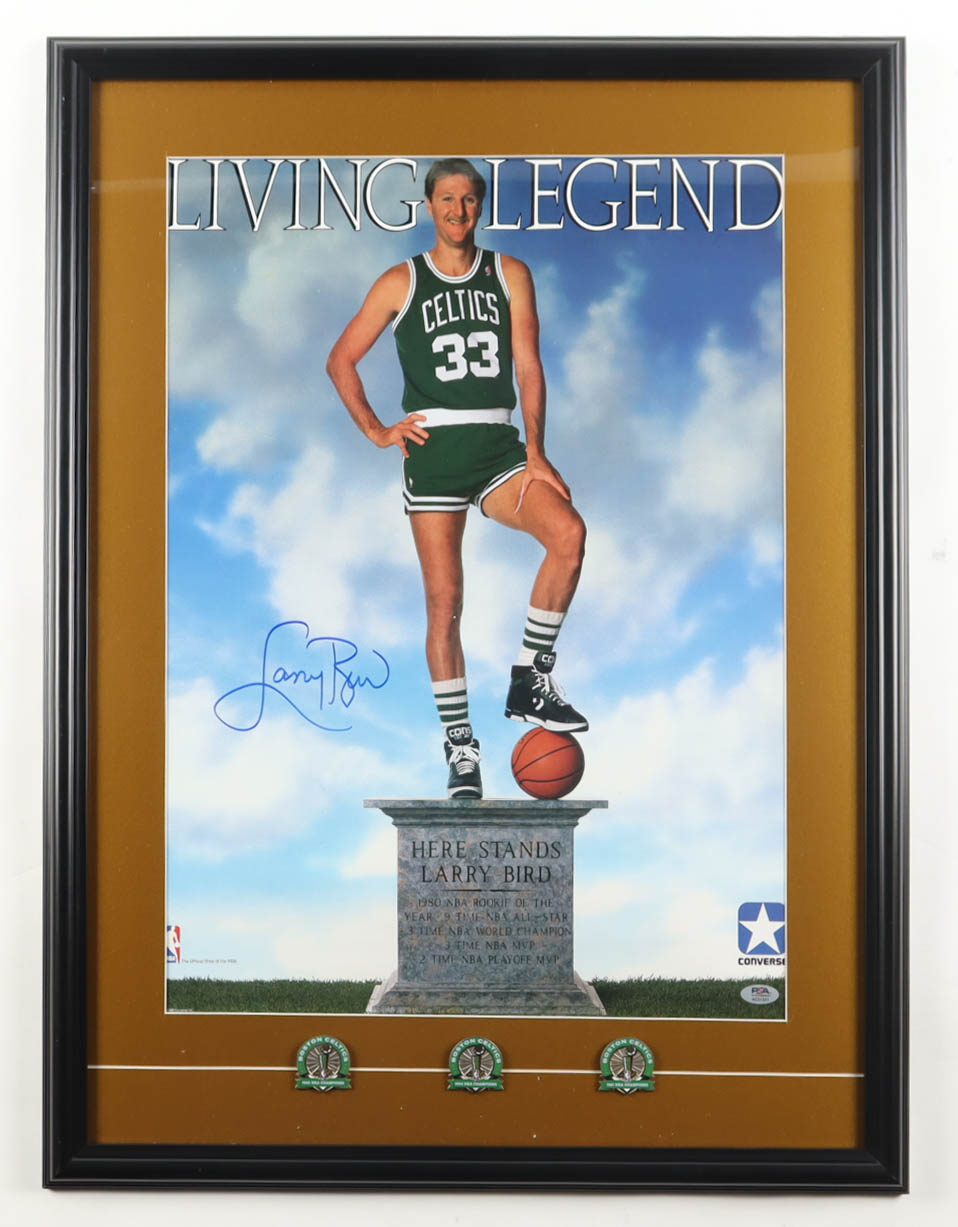 Larry Bird Signed Celtics Custom Framed 1988 Vintage Converse In-Store Poster Display with (3) Championship Pins (PSA) at PristineAuction.com Larry Bird Signed Celtics Custom Framed 1988 Vintage Converse In-Store Poster Display with (3) Championship Pins (PSA) at PristineAuction.com