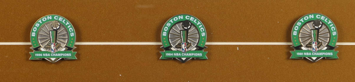 Larry Bird Signed Celtics Custom Framed 1988 Vintage Converse In-Store Poster Display with (3) Championship Pins (PSA) at PristineAuction.com Larry Bird Signed Celtics Custom Framed 1988 Vintage Converse In-Store Poster Display with (3) Championship Pins (PSA) at PristineAuction.com