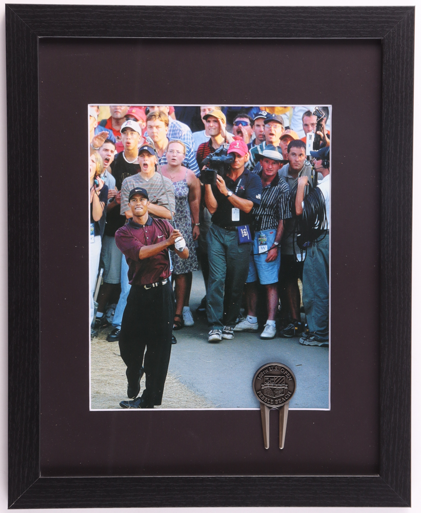 Tiger Woods Custom Framed Photo Display with 2000 Official Pebble Beach Divot Tool at PristineAuction.com Tiger Woods Custom Framed Photo Display with 2000 Official Pebble Beach Divot Tool at PristineAuction.com