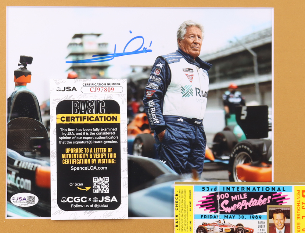 Mario Andretti Signed "Indy 500" Custom Framed Photo Display with Original 1969 Indy 500 VIP Ticket (JSA) at PristineAuction.com Mario Andretti Signed "Indy 500" Custom Framed Photo Display with Original 1969 Indy 500 VIP Ticket (JSA) at PristineAuction.com