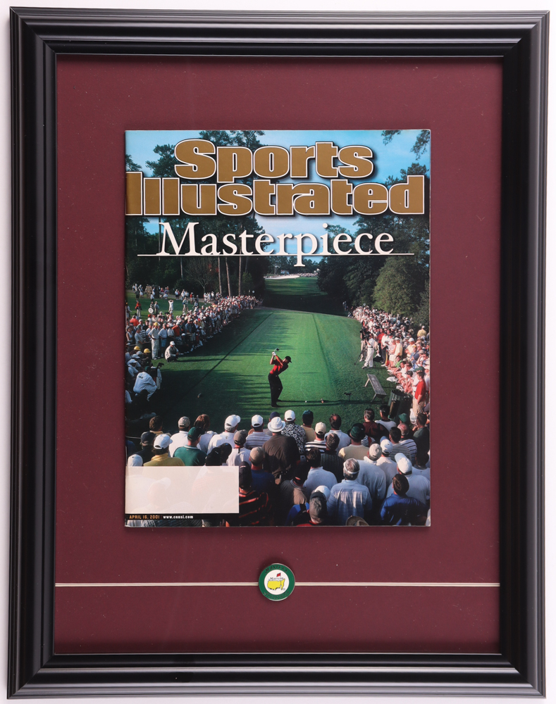 2001 Tiger Woods Masters Tournament Cover "Sports Illustrated" Custom Framed Magazine Display with Silver Masters Pin at PristineAuction.com 2001 Tiger Woods Masters Tournament Cover "Sports Illustrated" Custom Framed Magazine Display with Silver Masters Pin at PristineAuction.com